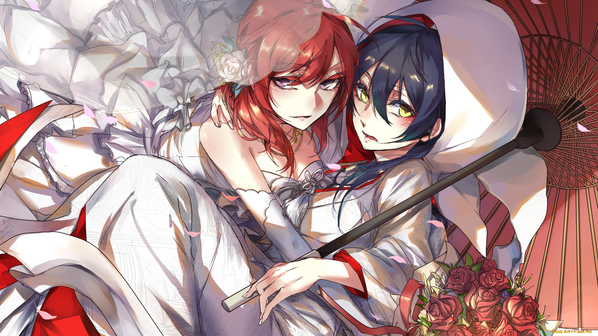 аниме, unknown, , другое, арт, фата, платье, розы, sonoda, umi, девушки, nishikino, maki, цветы, букет, зонт, waterpupu