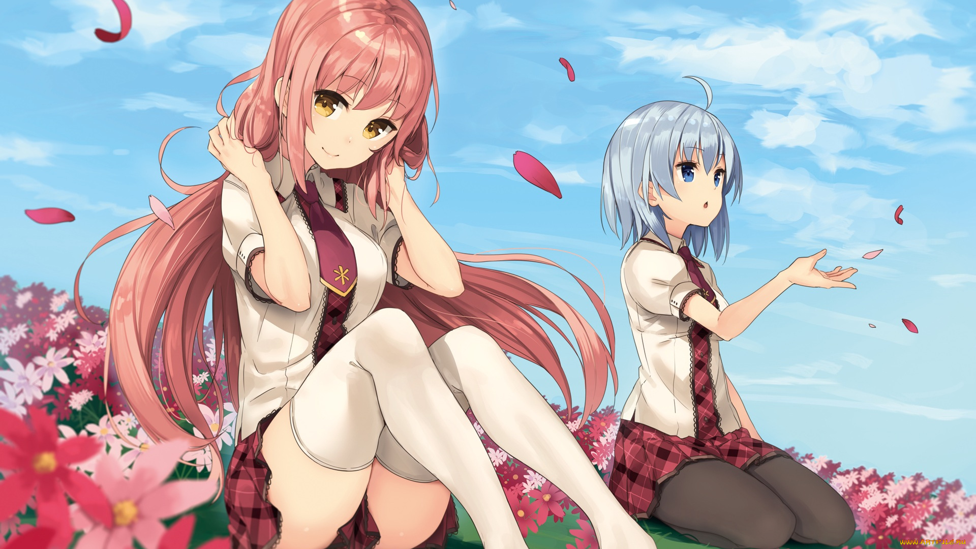 аниме, unknown, , другое, цветы, девушки, лепестки