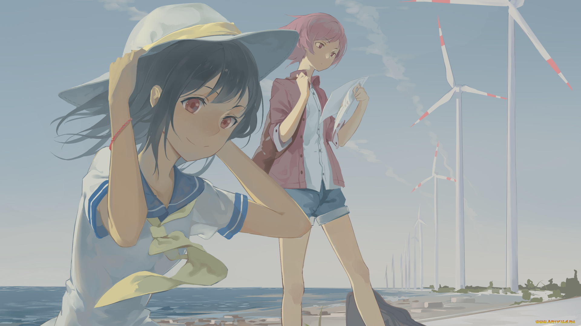 аниме, unknown, , другое, gensou, kuro, usagi, девушки, арт, school, idol, project, love, live, yazawa, nico, nishikino, maki, побережье, ветровики, шляпа