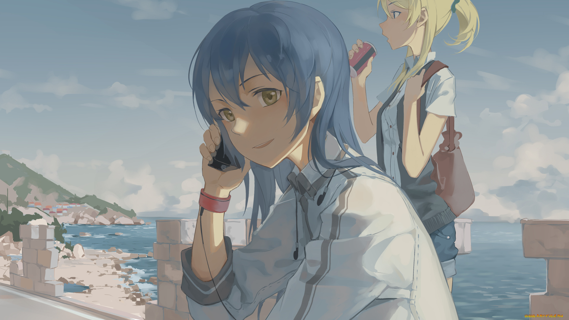 аниме, unknown, , другое, город, ayase, eri, sonoda, umi, gensou, kuro, usagi, телефон, девушки, арт, море, наушники