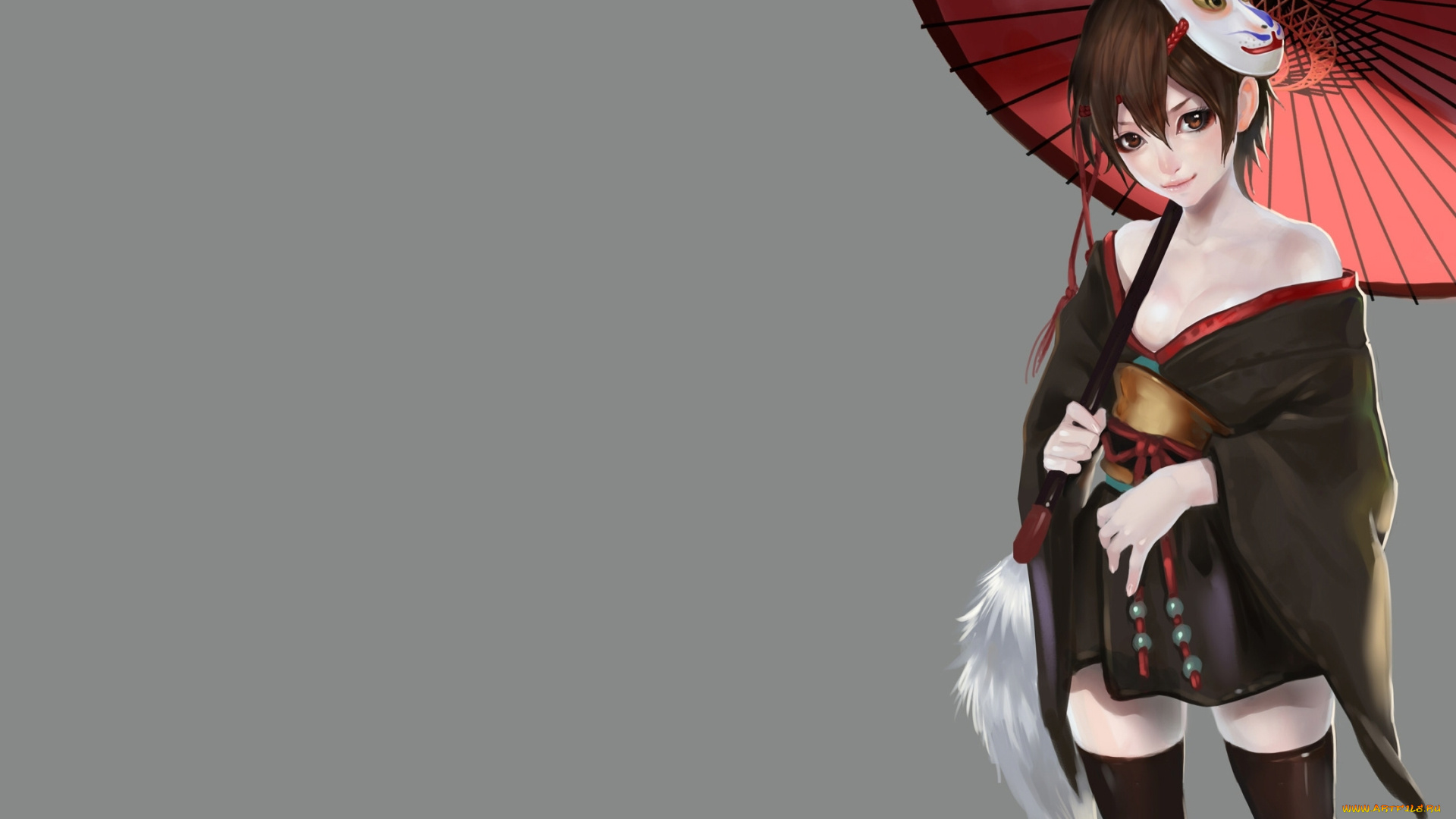 аниме, unknown, , другое, юката, улыбка, bobo1983, art, взгляд, девушка, зонт, маска