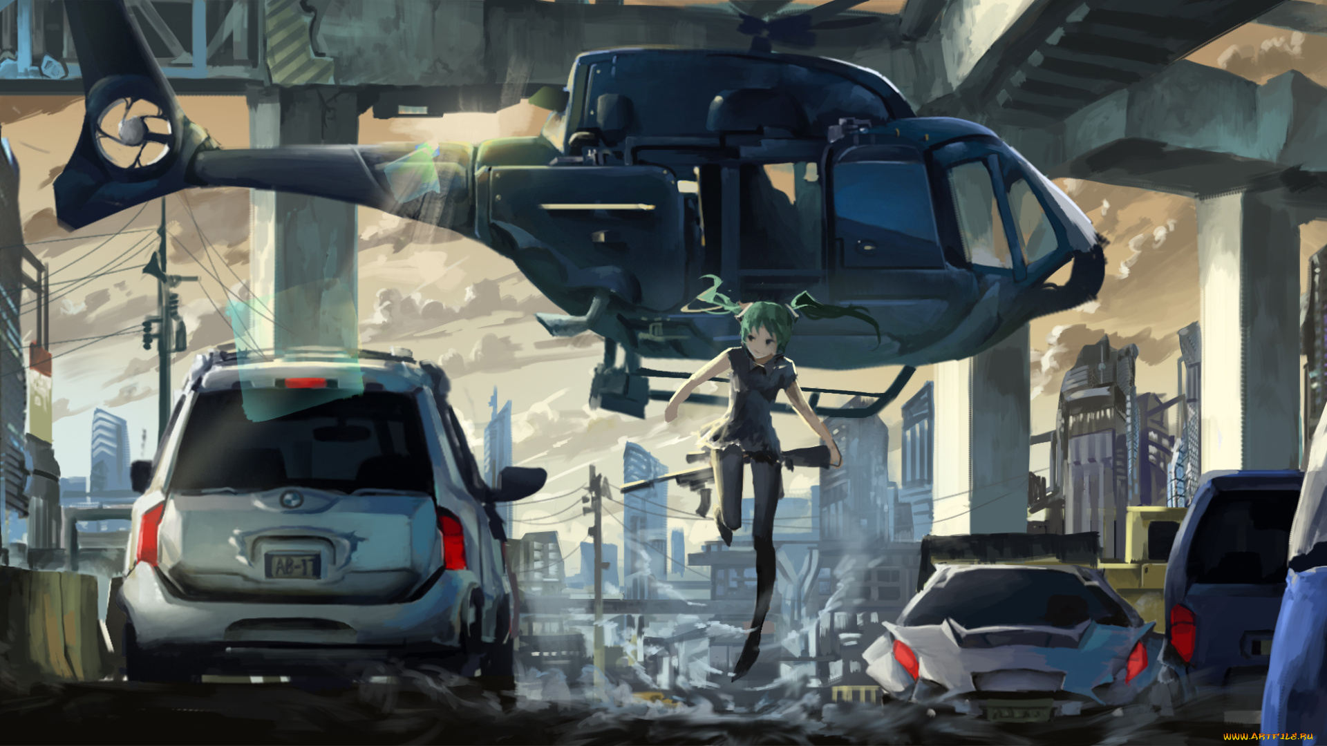 аниме, vocaloid, провода, здания, дома, облака, небо, винтовка, мост, девушка, оружие, пыль, улицы, город, hatsune, miku, машина, техника, вертолет, ylpylf