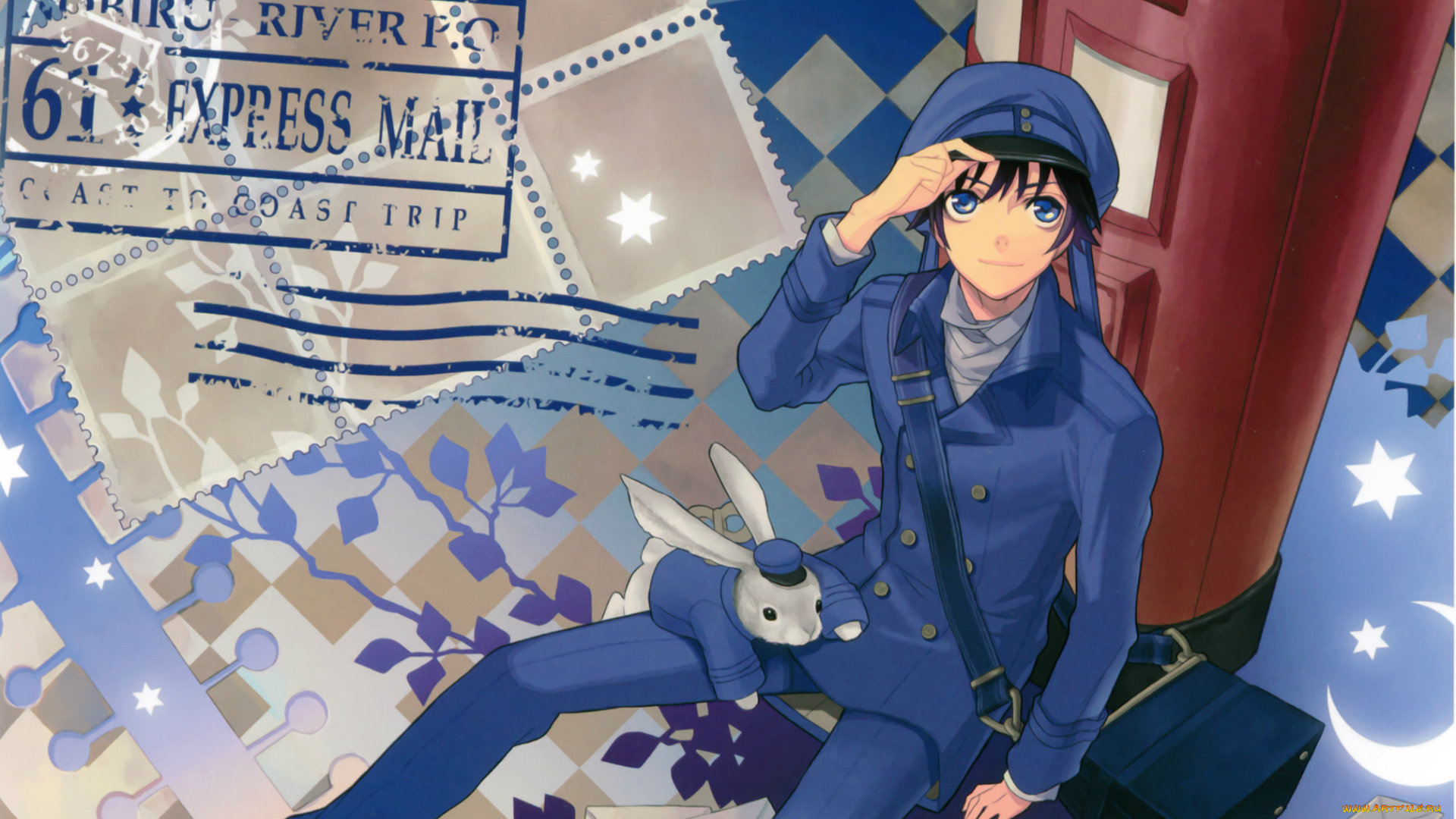 аниме, животные, , существа, кролик, униформа, почта, парень