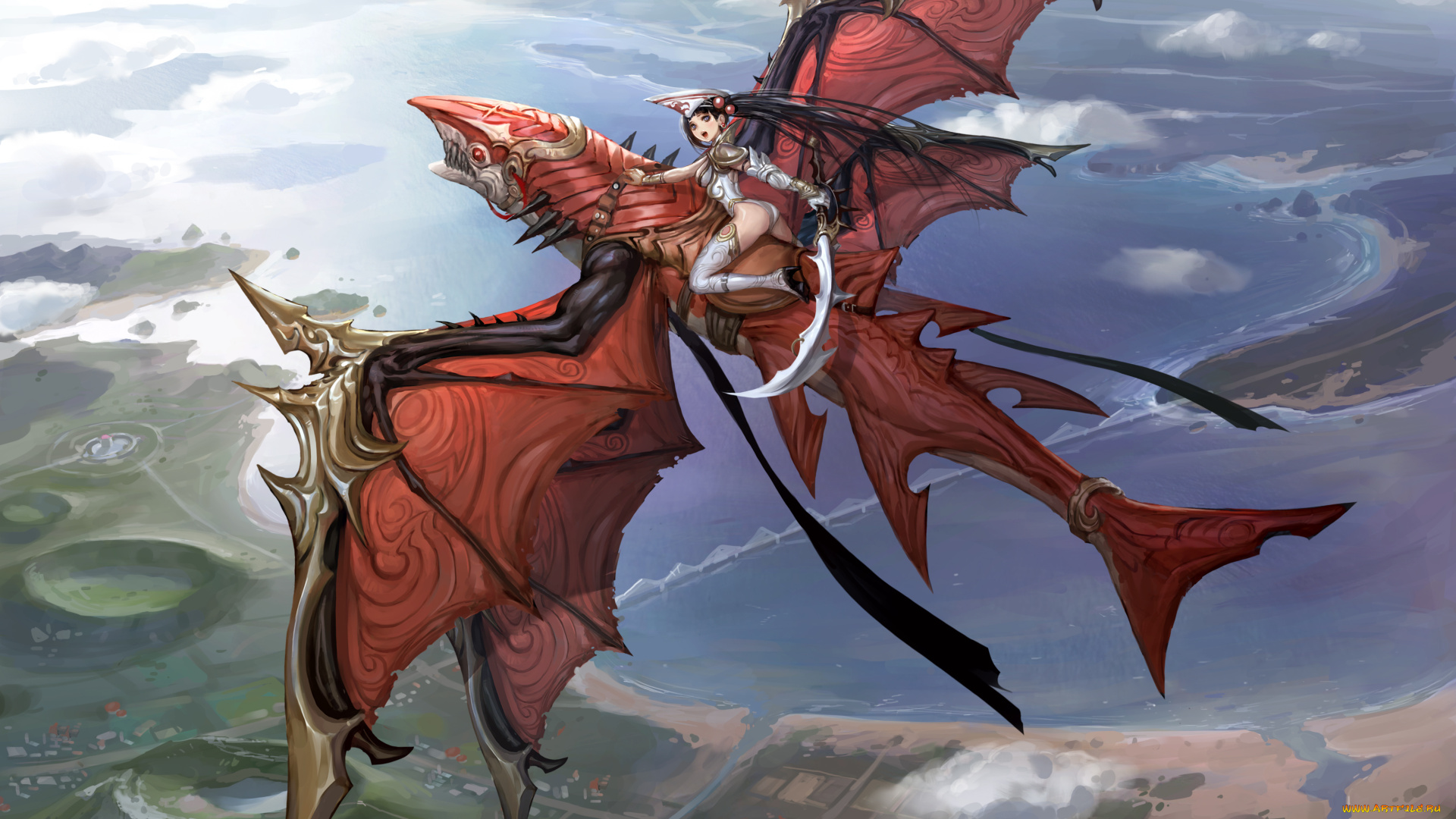 аниме, животные, , существа, полет, высота, дракон, арт, девушка, меч