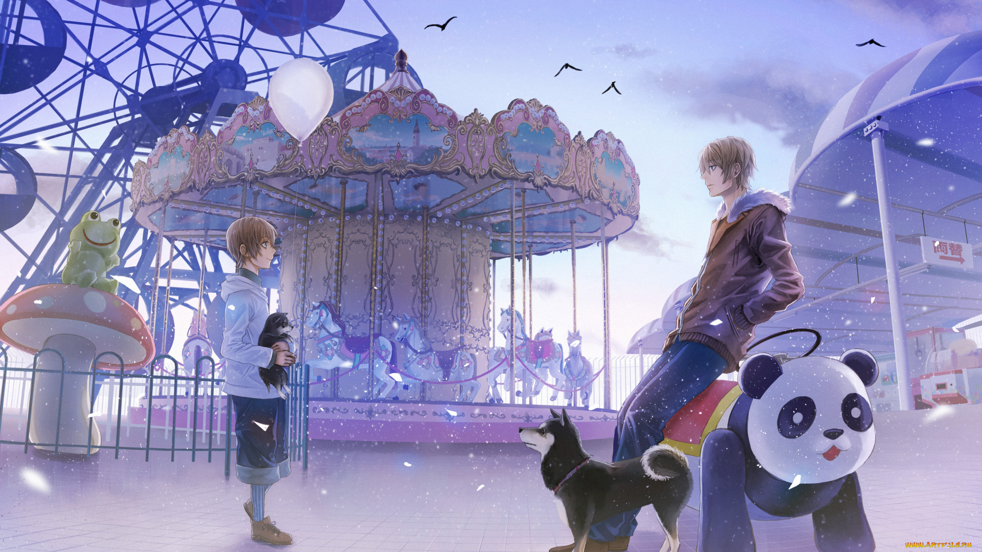 аниме, животные, , существа, собака, пёс, мальчик, парень, щенок, карусели, арт, kirinosuke, птицы, панда