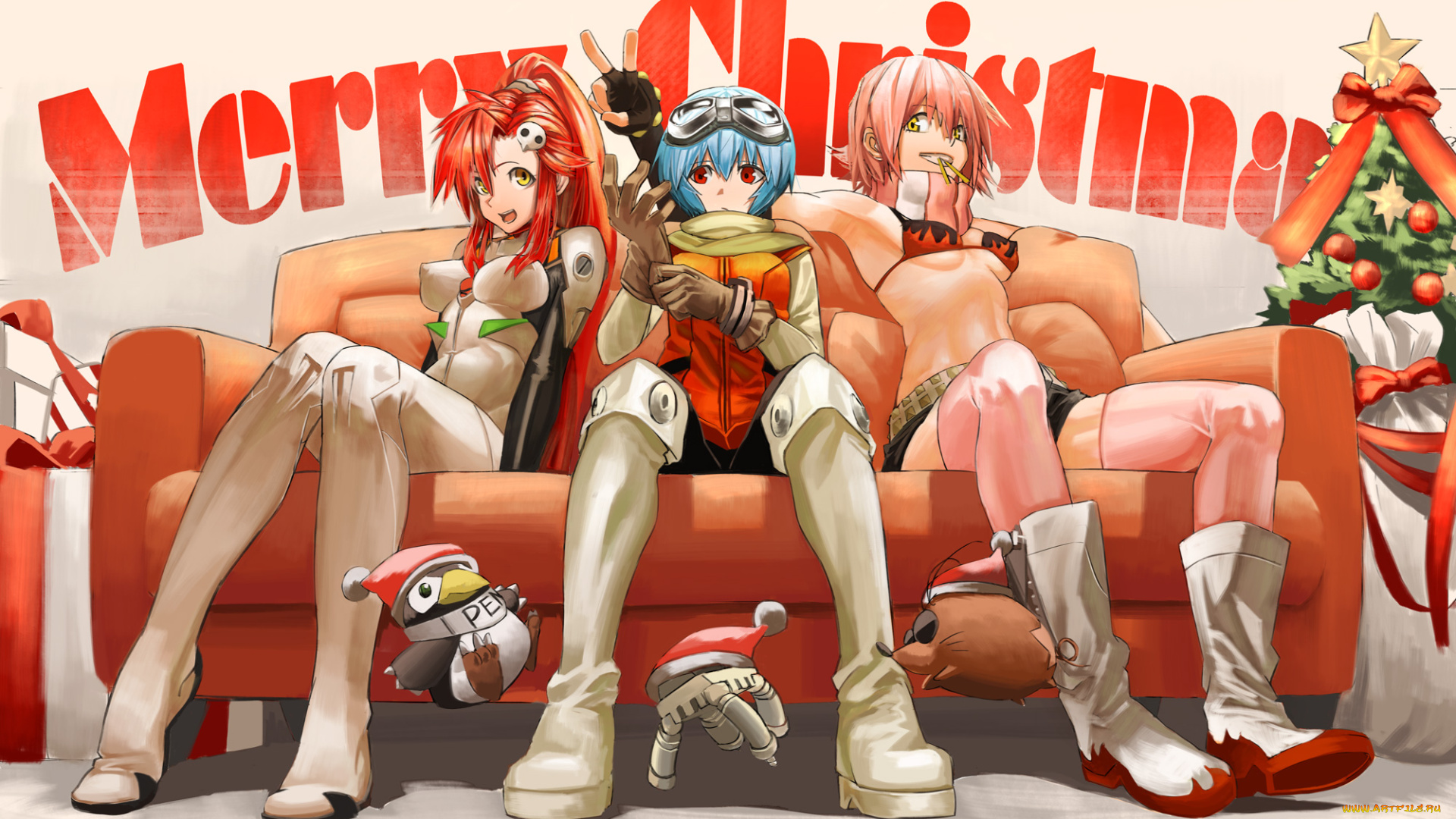 аниме, зима, , новый, год, , рождество, flcl, neon, genesis, evangelion, tengen, toppa, gurren, lagann, ayanami, rei, haruhara, haruko, yoko, littner, kirii, девушки, диван, костюм, елка, мешок, подарки, пингвин, свинья, робот