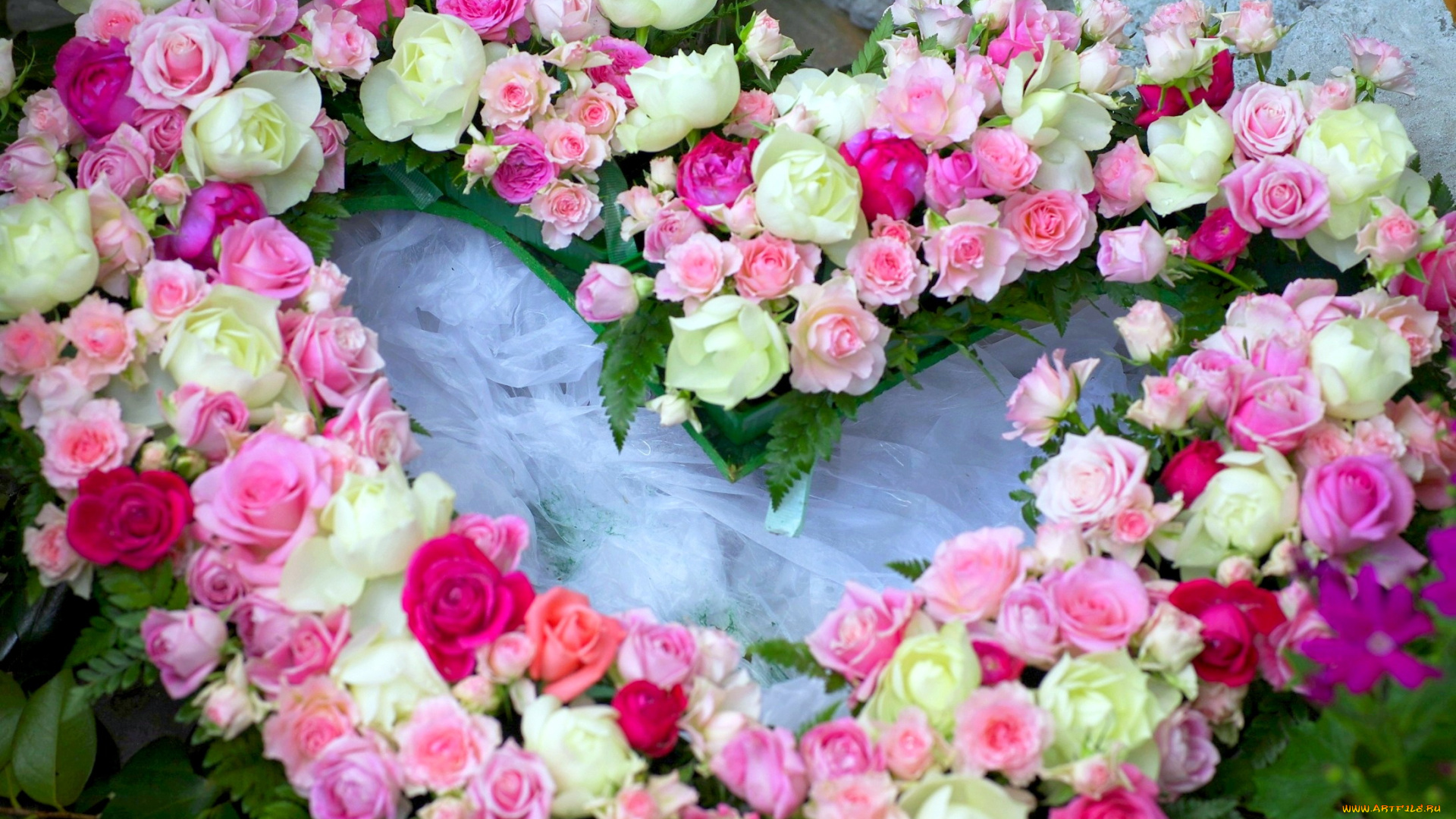 цветы, розы, венок, праздник, сердце, разноцветный