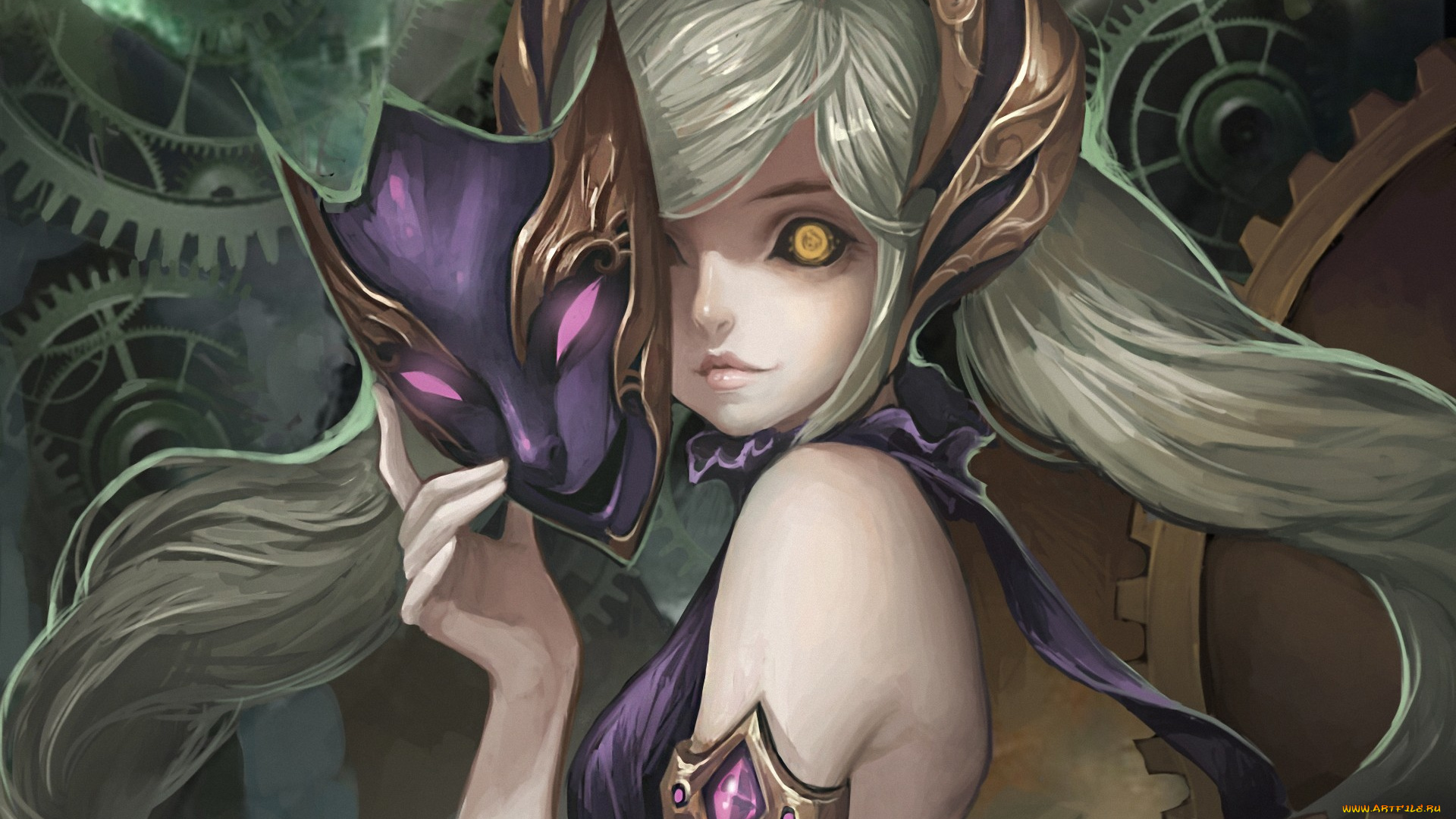 фэнтези, девушки, глаз, арт, девушка, маска, хвостики, механизм