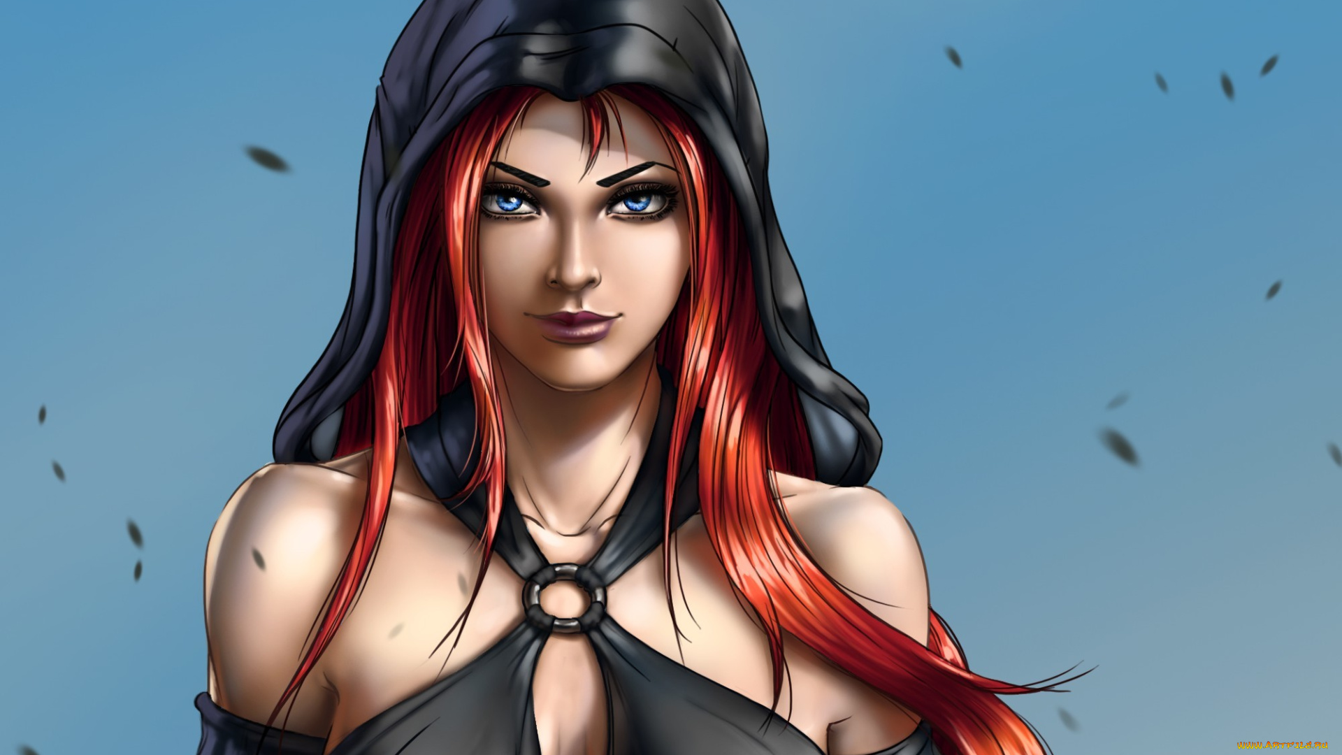 фэнтези, девушки, рыжая, фон, капюшон, девушка