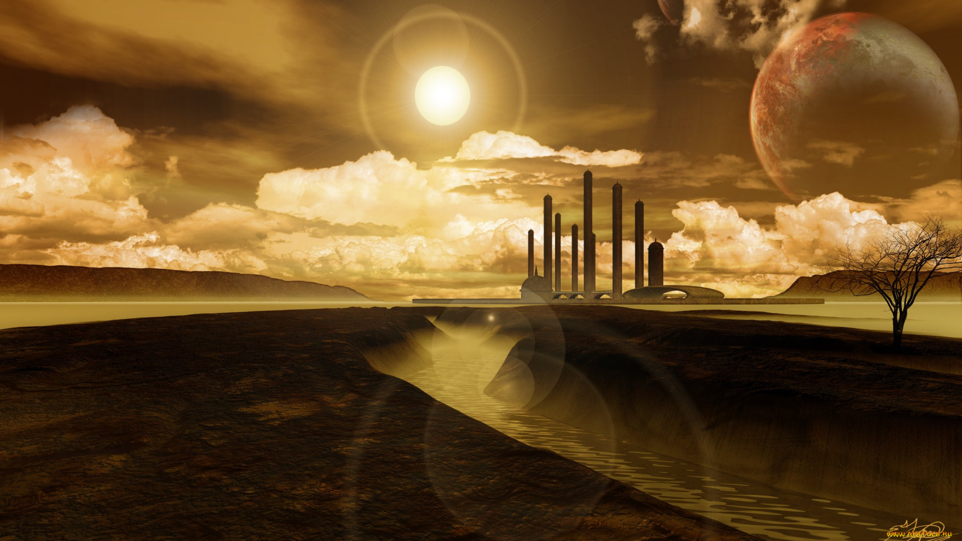 фэнтези, иные, миры, , иные, времена, башни, облака, солнце, планета, река, канал