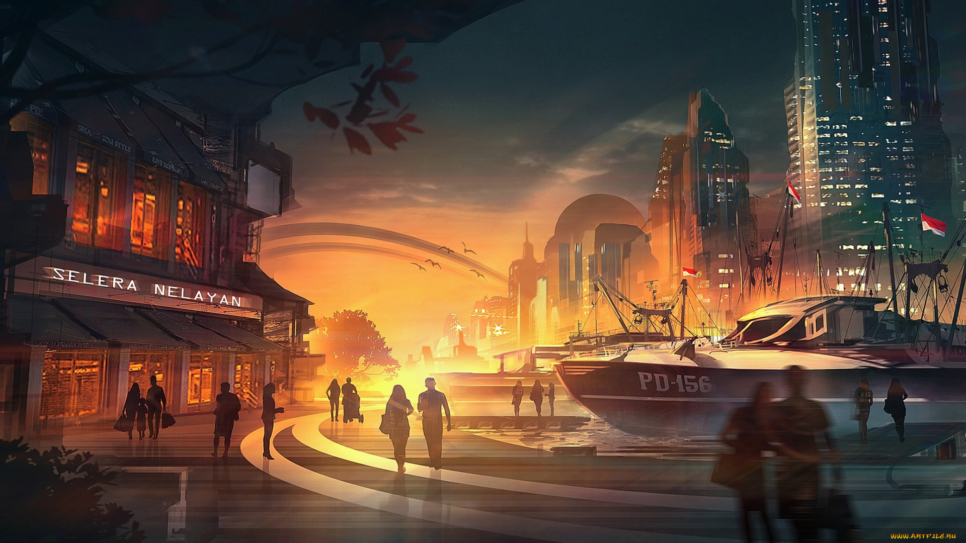 фэнтези, иные, миры, , иные, времена, небоскребы, прохожие, яхта, лодка, пристань, город, мегаполис, вода, закат