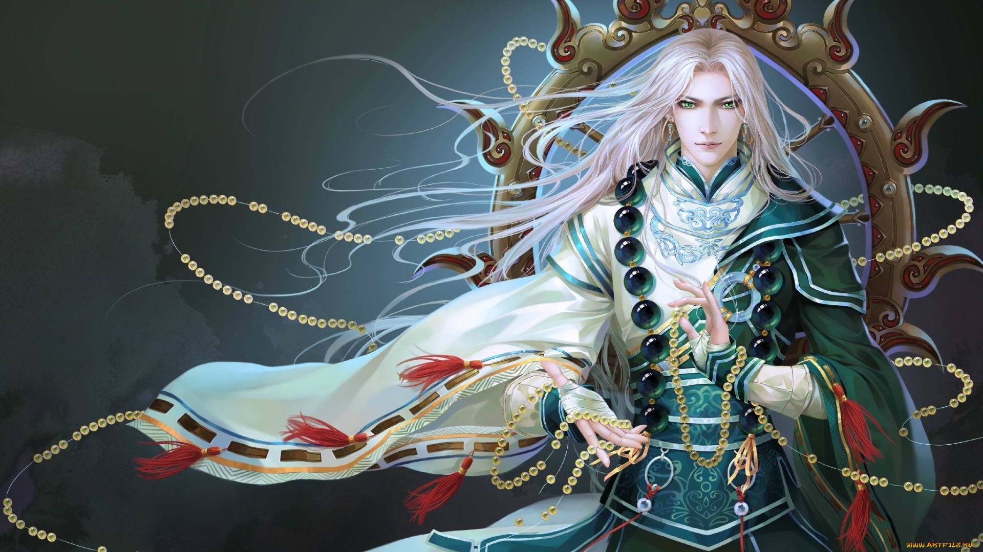 фэнтези, люди, арт, парень, магия, бусы, зелёные, глаза, взгляд, волосы, кимоно