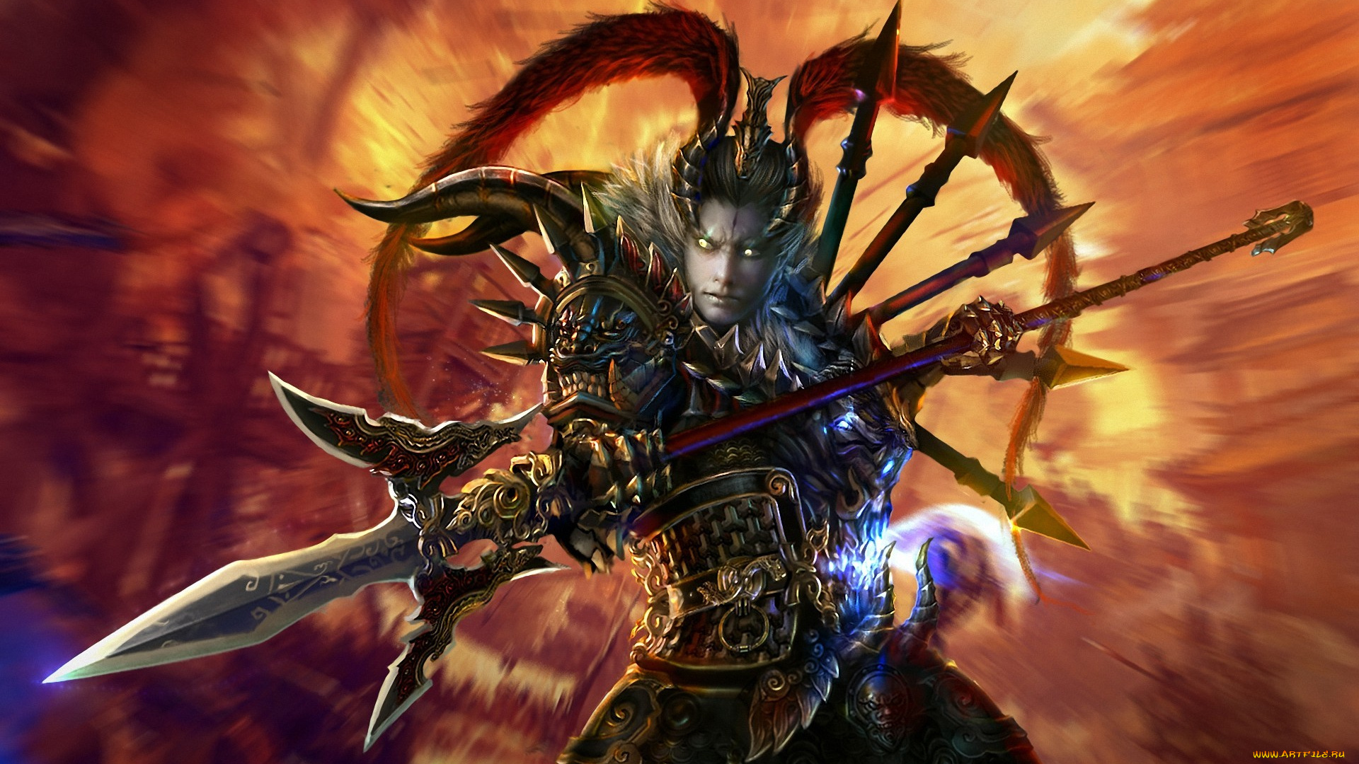 фэнтези, люди, копье, броня, воин, мужчина, арт