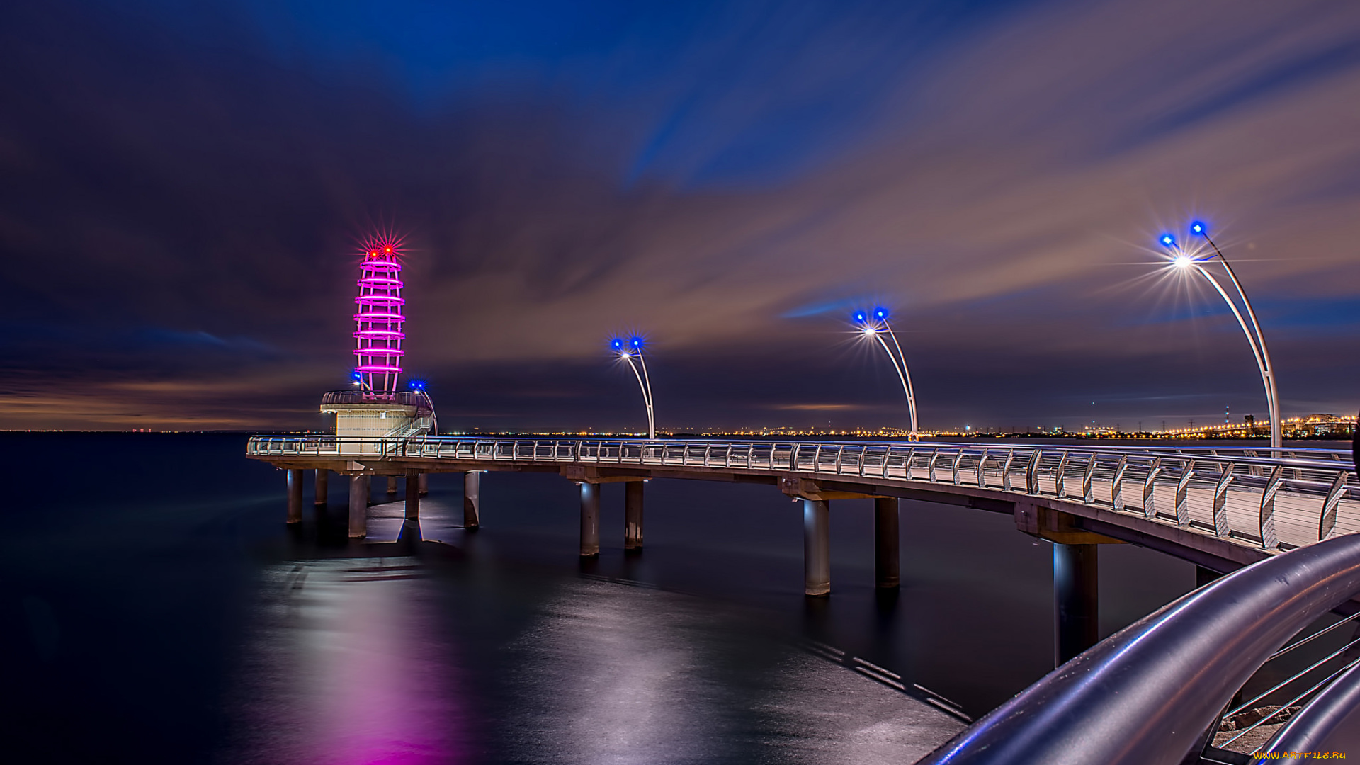 города, -, мосты, канада, онтарио, город, берлингтон, ночь, озеро, мост, пирс, фонари, освещение, огни, подсветка