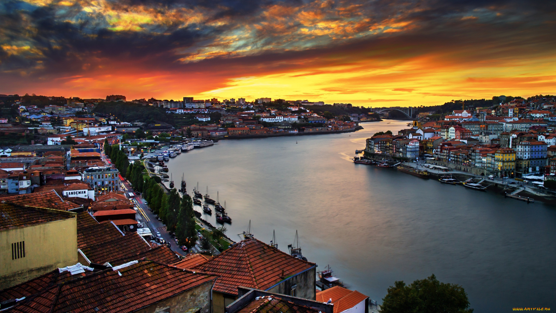 города, -, панорамы, город, река, рассвет