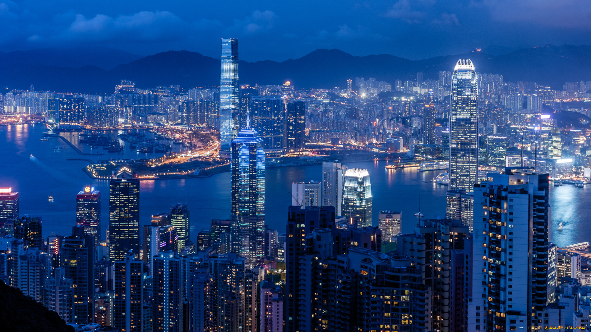города, гонконг, , китай, гонконг, braemar, hill, victoria, harbour, небоскребы, освещение, залив, панорама, ночь, синее, небо
