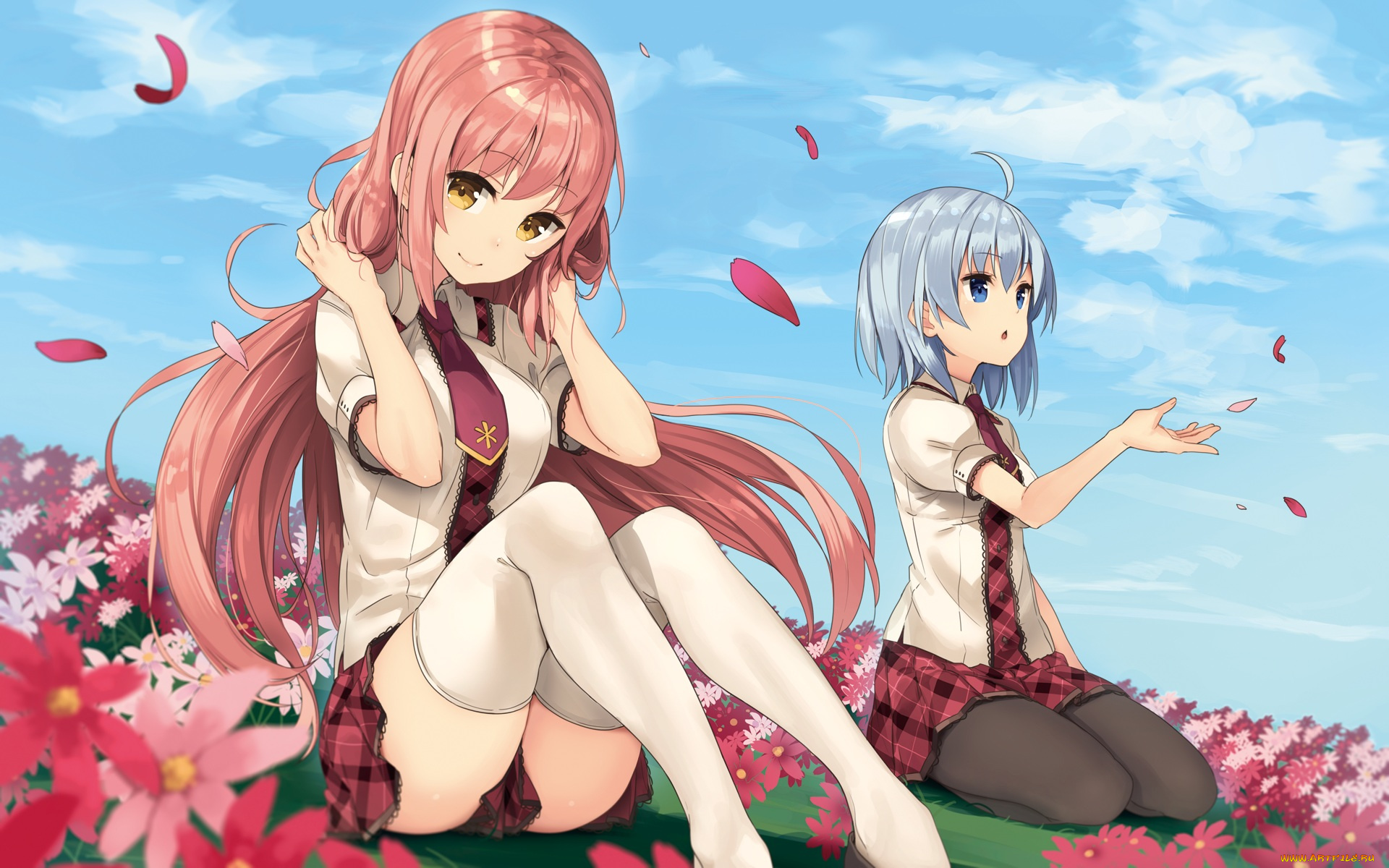 аниме, unknown, , другое, цветы, девушки, лепестки