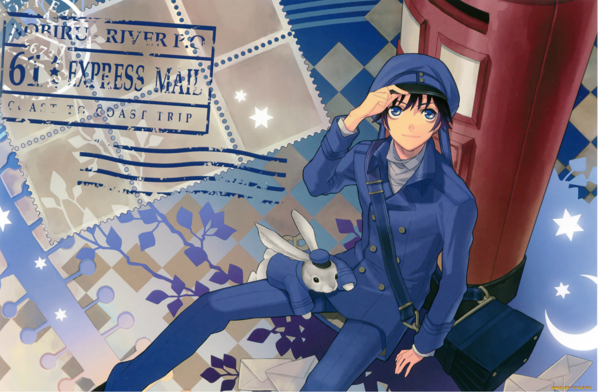 аниме, животные, , существа, кролик, униформа, почта, парень