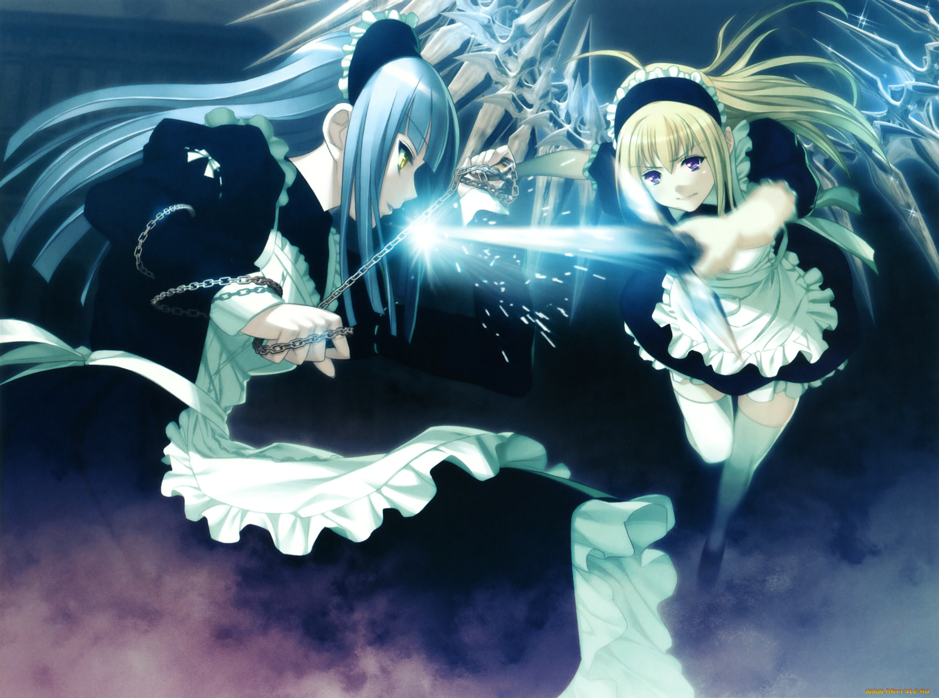 аниме, gekkou, no, carnevale, anna, perla, oosaki, shinya, девушка, горничная, крылья, оужие, сражение, цепь, клинок