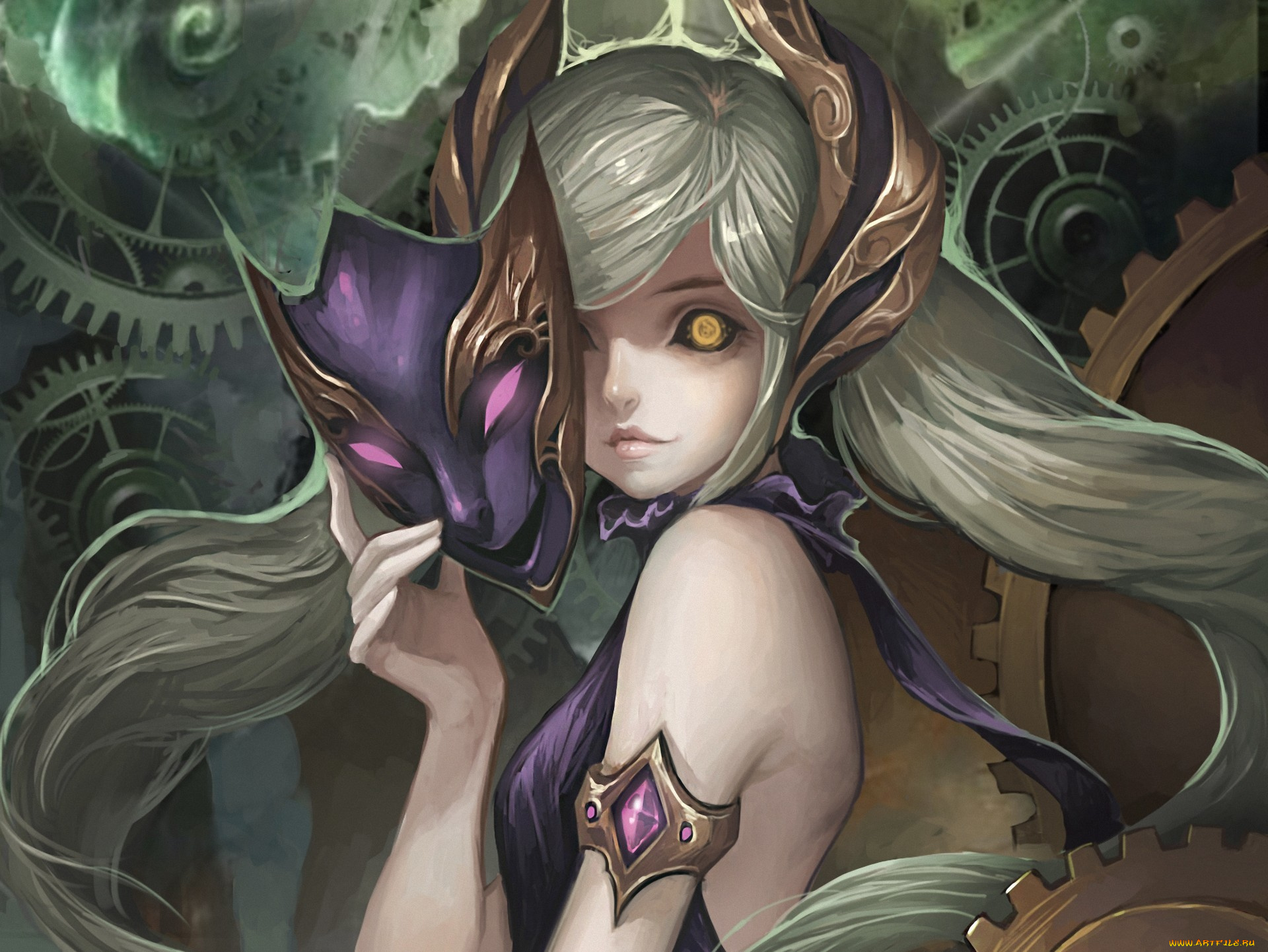 фэнтези, девушки, глаз, арт, девушка, маска, хвостики, механизм
