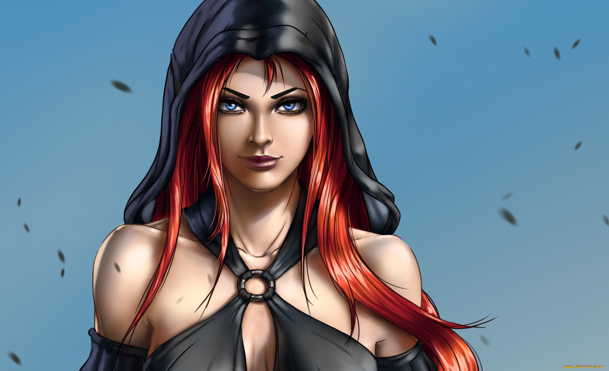 фэнтези, девушки, рыжая, фон, капюшон, девушка