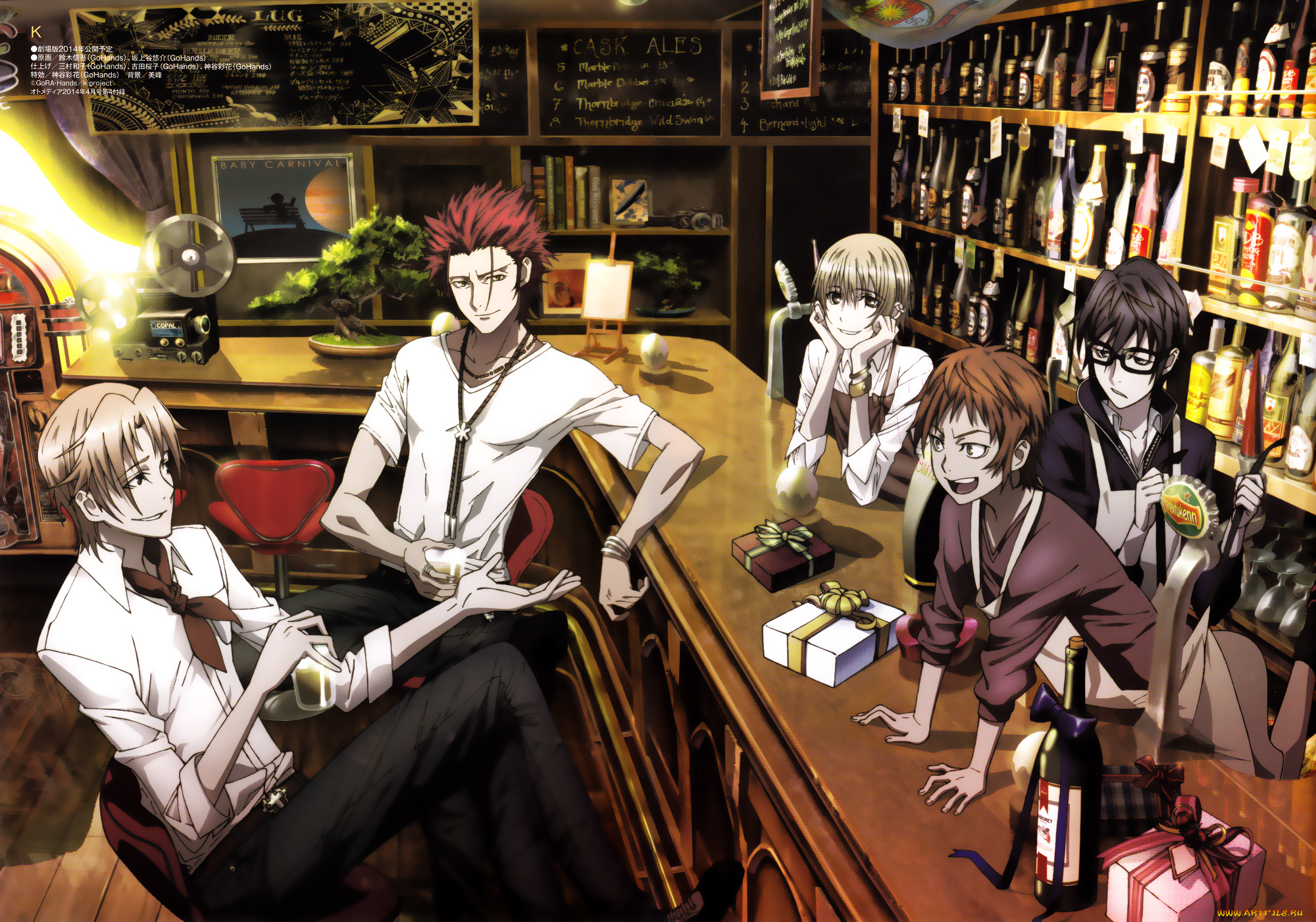 аниме, k, project, mikoto, suoh, saruhiko, fushimi, misaki, yata, kusanagi, izumo, totsuka, tatara, мужчина, бар, полки, алкоголь, бутылки, подарки, стойка, стакан, бармен