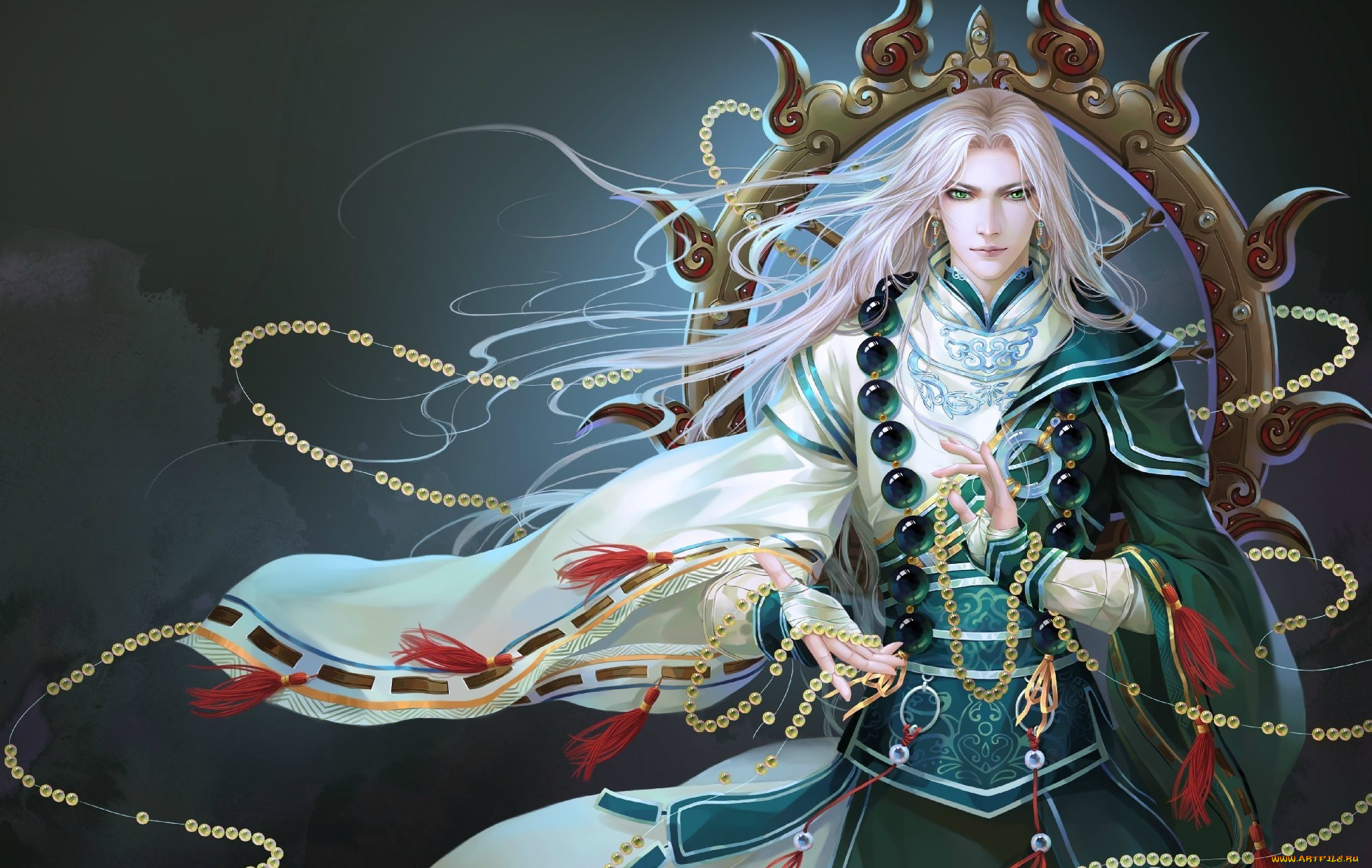 фэнтези, люди, арт, парень, магия, бусы, зелёные, глаза, взгляд, волосы, кимоно