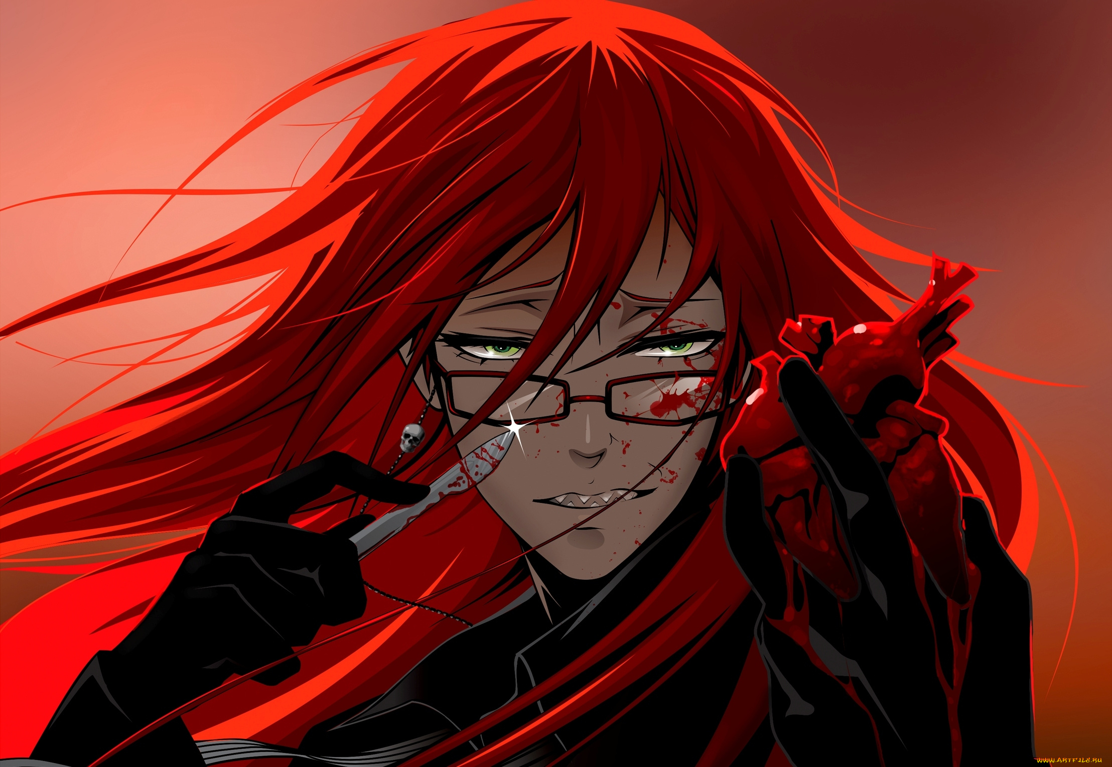 аниме, kuroshitsuji, grell, sutcliff, тёмный, дворецкий, арт, katrin-vates, скальпель, сердце, кровь, очки, красные, волосы, парень