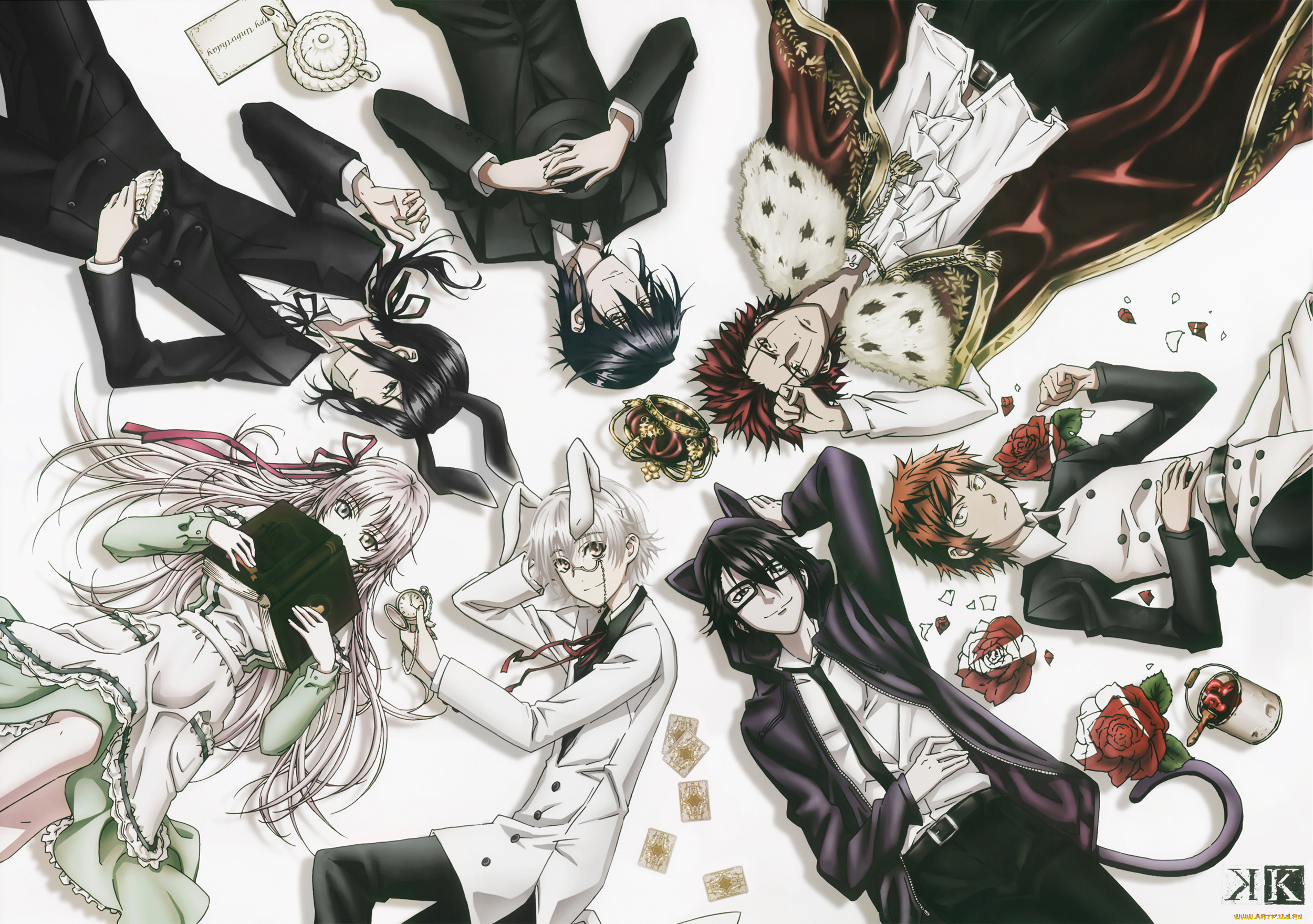 аниме, k, project, mikoto, suoh, saruhiko, fushimi, misaki, yata, munakata, reisi, neko, yatogami, kuroh, yashiro, isana, девушка, мужчина, хвост, ушки, книга, корона, чайник, карты, краска, розы, цветы, плащ, страна, чудес, wonderland