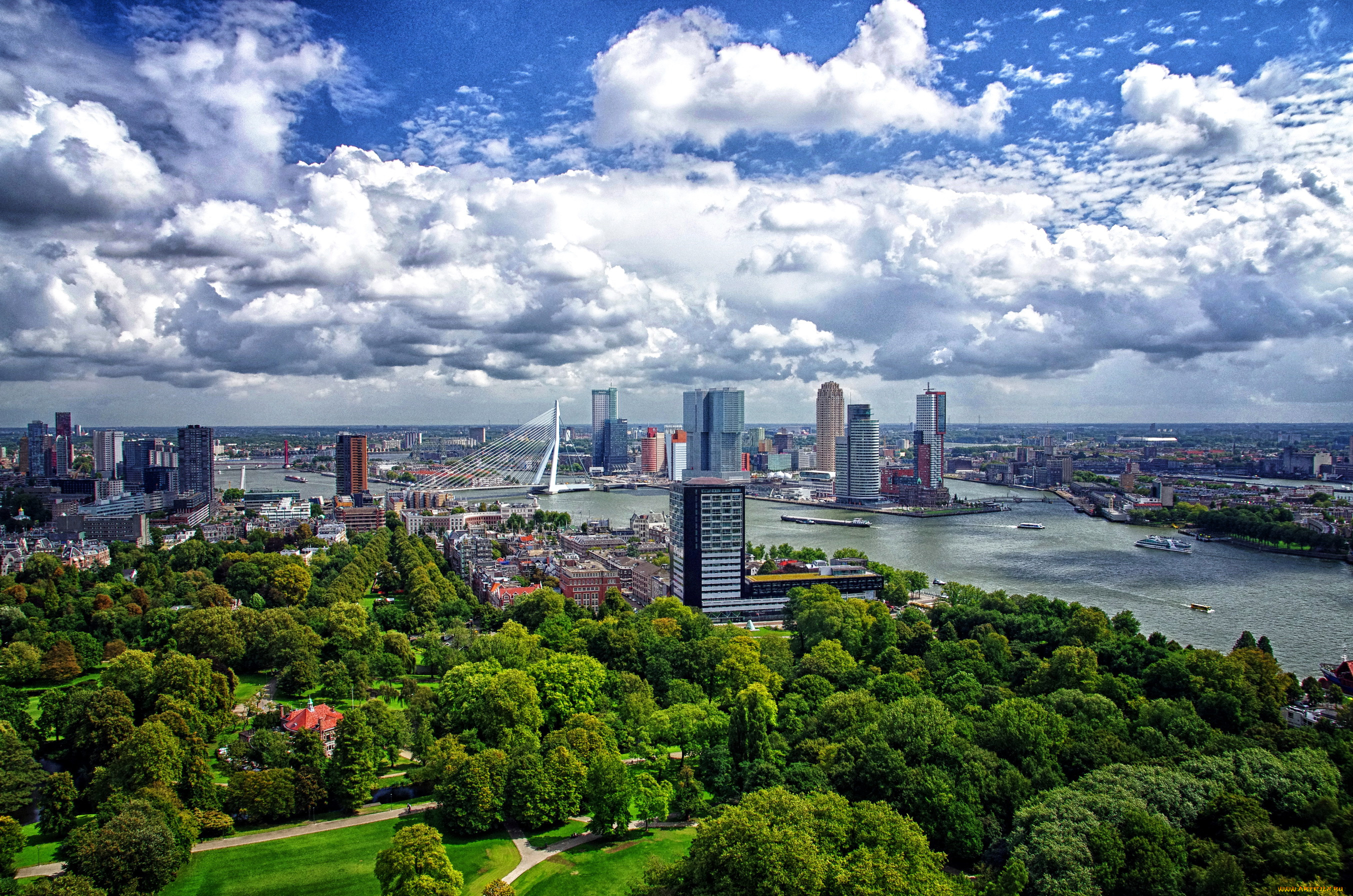 города, -, панорамы, небо, деревья, река, дома, роттердам, netherlands, rotterdam