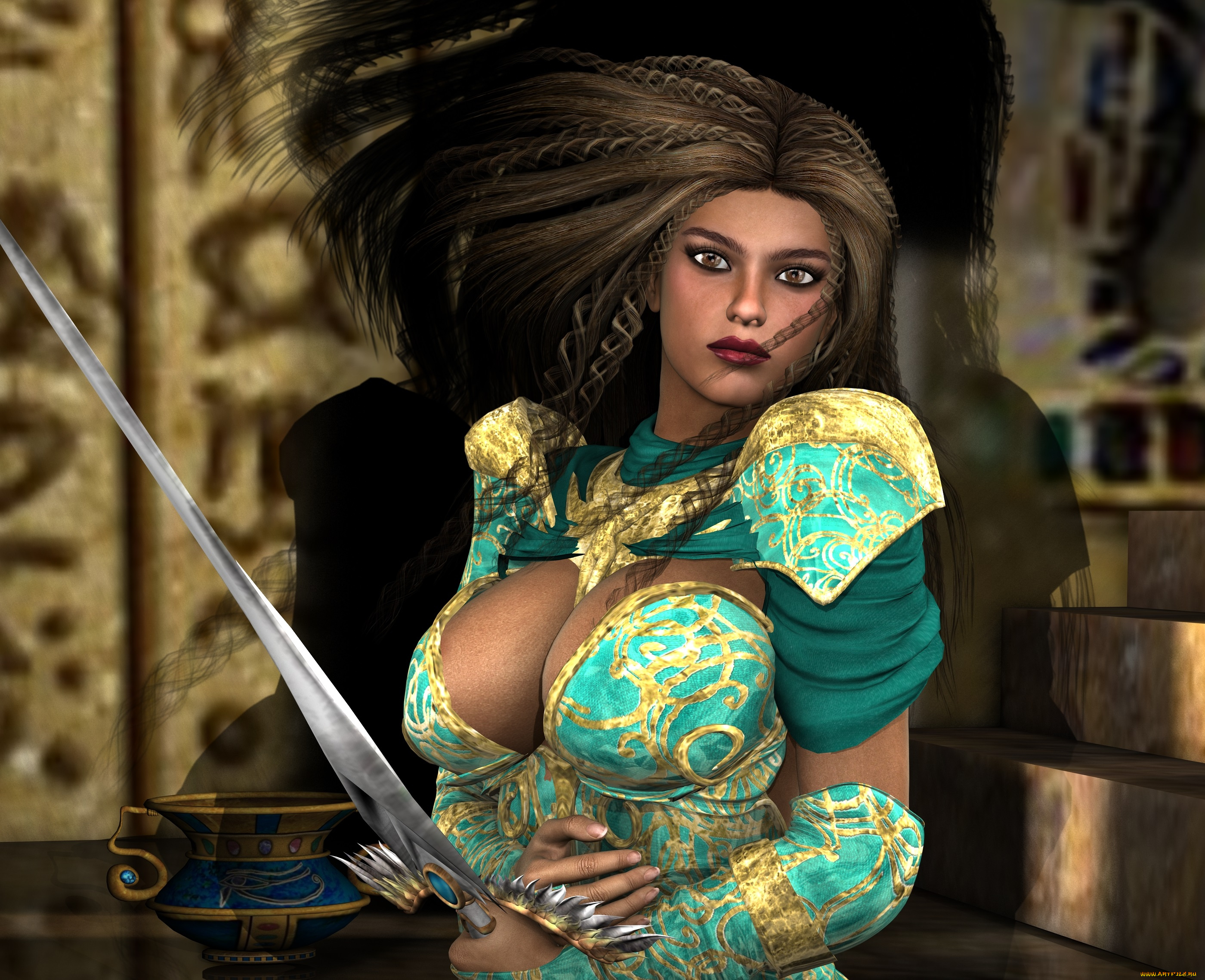 3д, графика, фантазия, , fantasy, взгляд, меч, фон, девушка