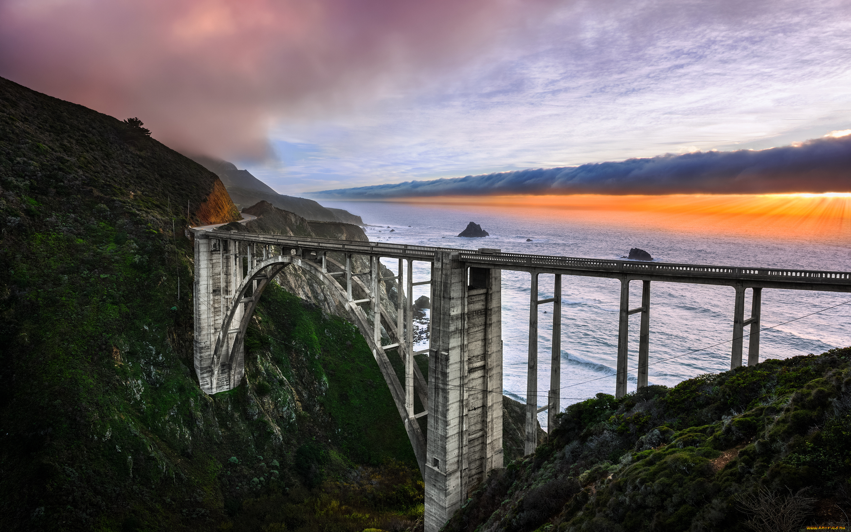 города, -, мосты, мост, природа, небо, рассвет, побережье, california, bixby, bridge