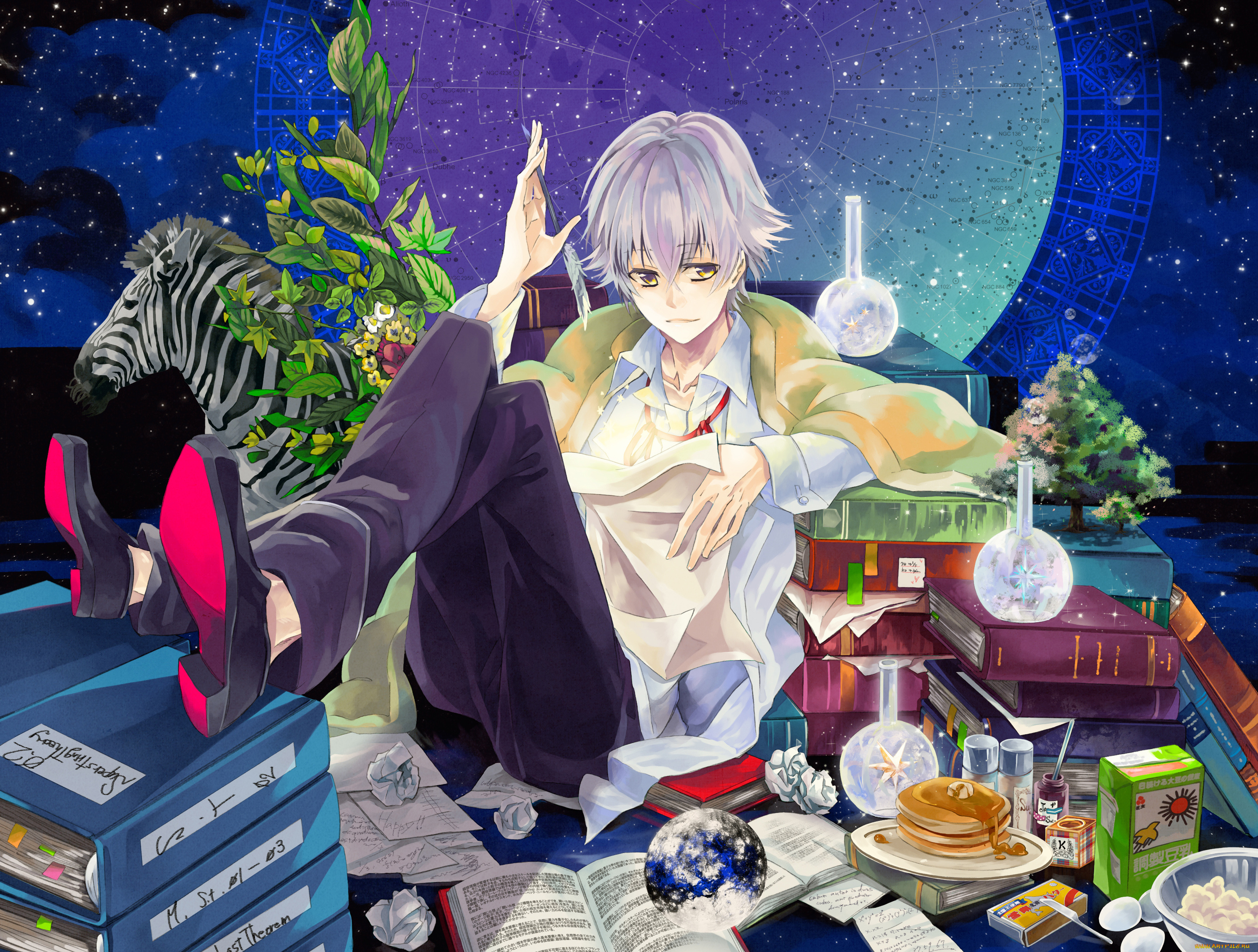 аниме, k, project, killcake, yashiro, isana, мужчина, цветы, животное, рубашка, деревья, растения, книги, листья, нож, бумага, коробка, тарелка, зебра, фляга, перо, колба, склянки