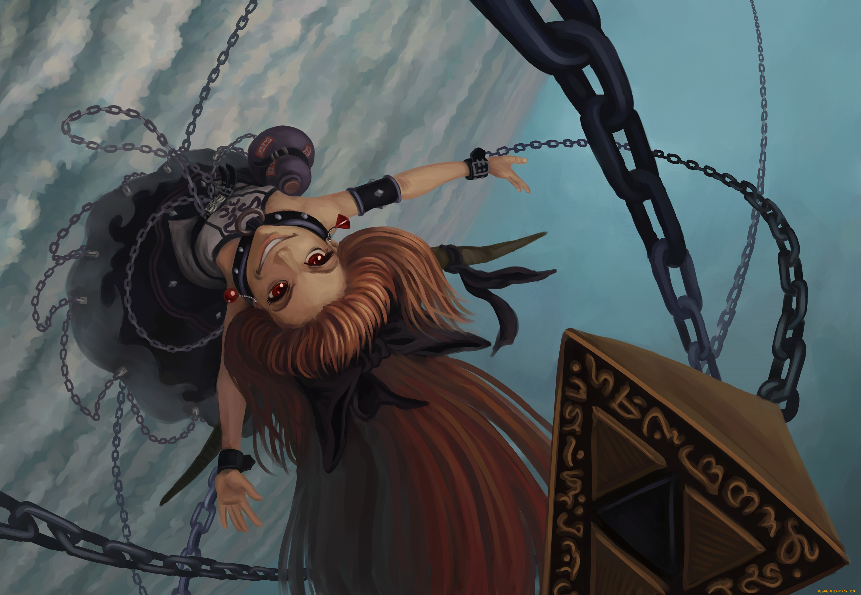 аниме, touhou, цепи, взгляд, девушка, оружие, пирамида, облака, небо