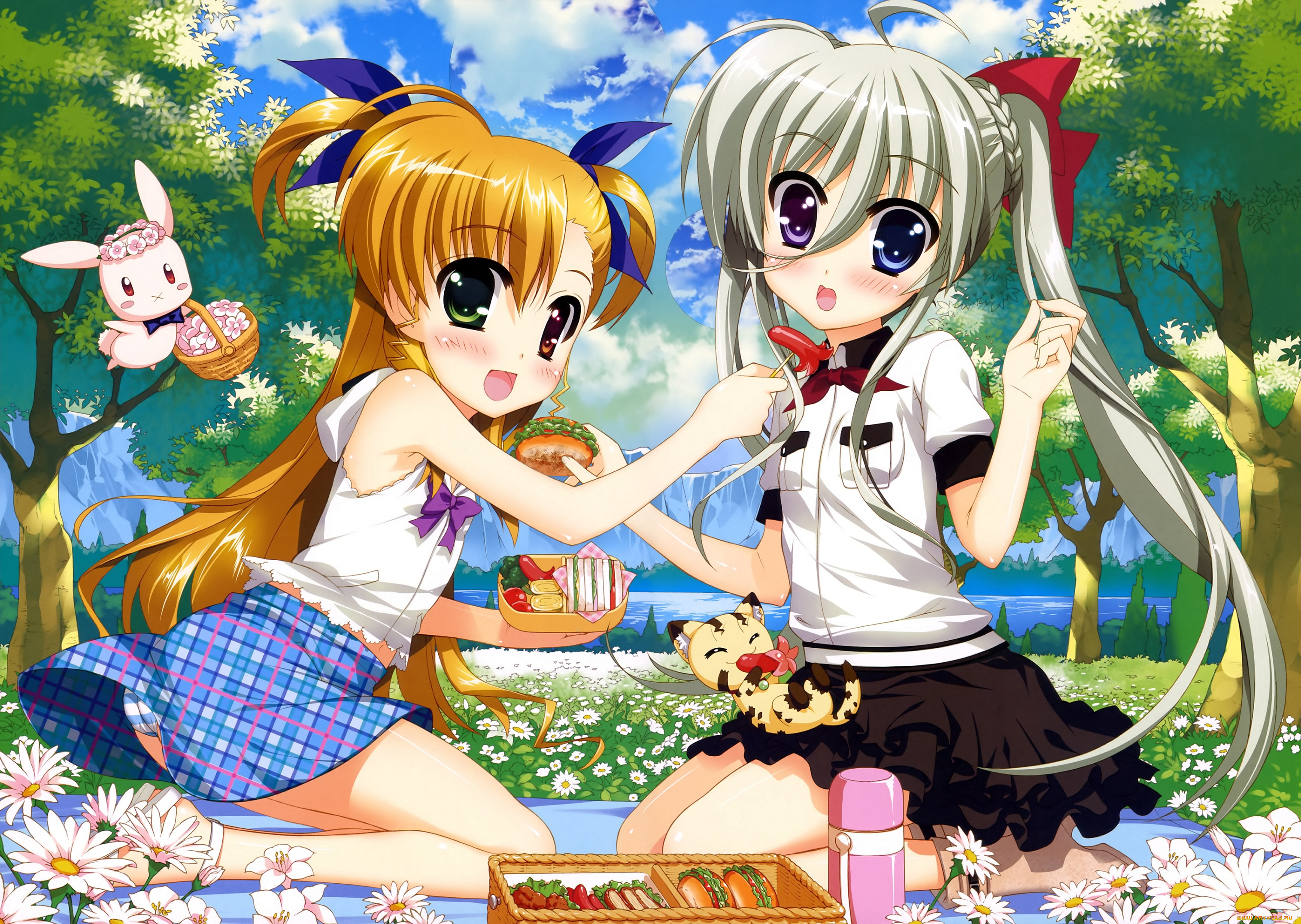 аниме, mahou, shoujo, lyrical, nanoha, mahou, shoujo, lyrical, nanoha, sacred, heart, девушки, fujima, takuya, einhart, stratos, asteion, пикник, животные, еда, vivio