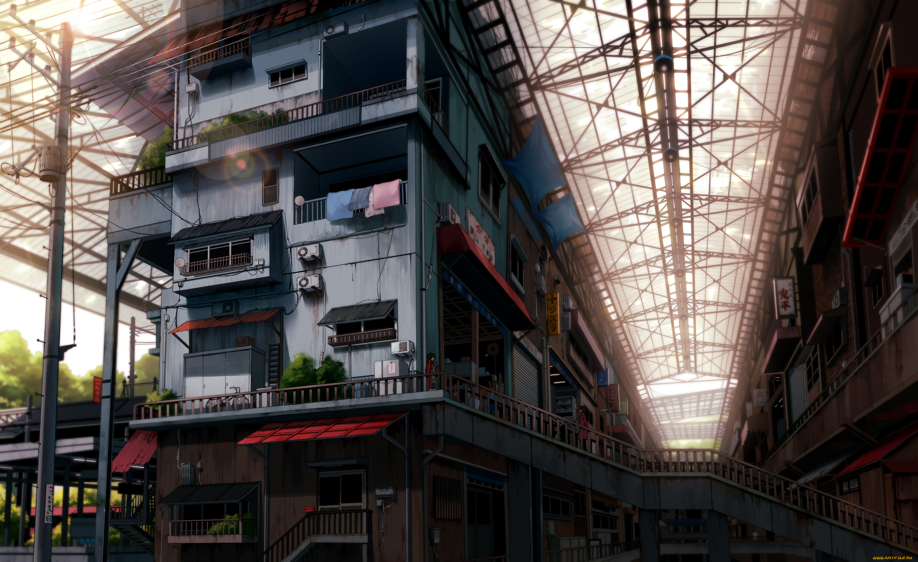 аниме, город, , улицы, , здания, мост, комната, вещи, столб, переход, лестница, люди, магазин, навес, провода, помещения, здания, дома, mogumo