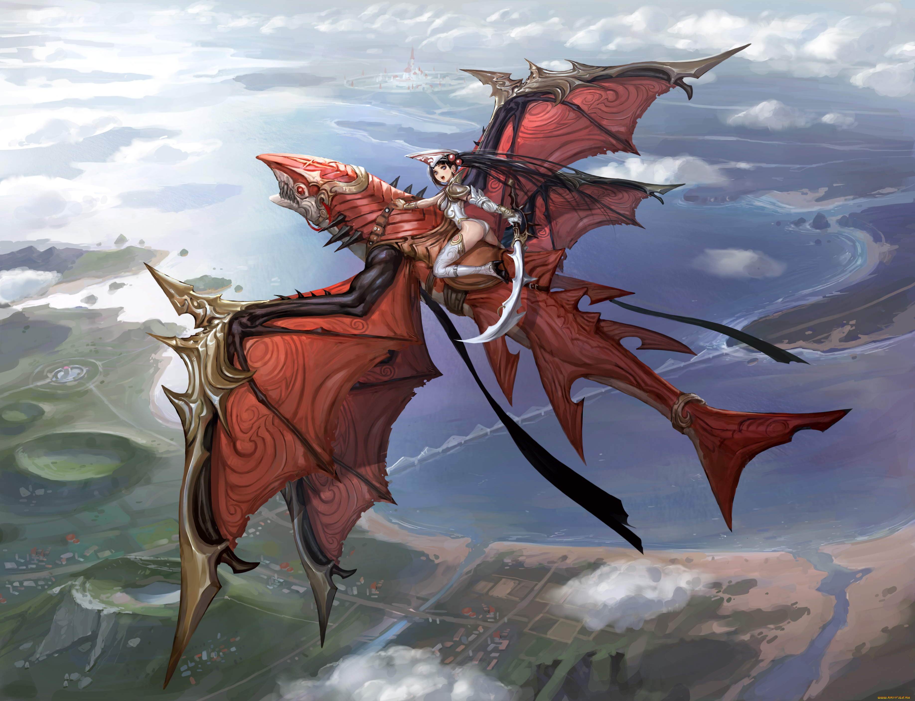 аниме, животные, , существа, полет, высота, дракон, арт, девушка, меч