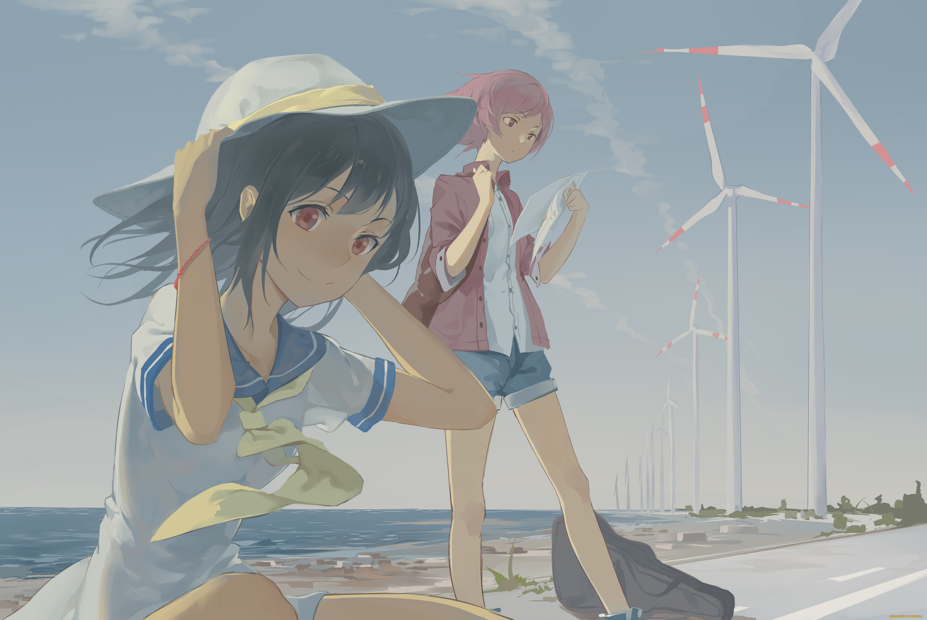 аниме, unknown, , другое, gensou, kuro, usagi, девушки, арт, school, idol, project, love, live, yazawa, nico, nishikino, maki, побережье, ветровики, шляпа