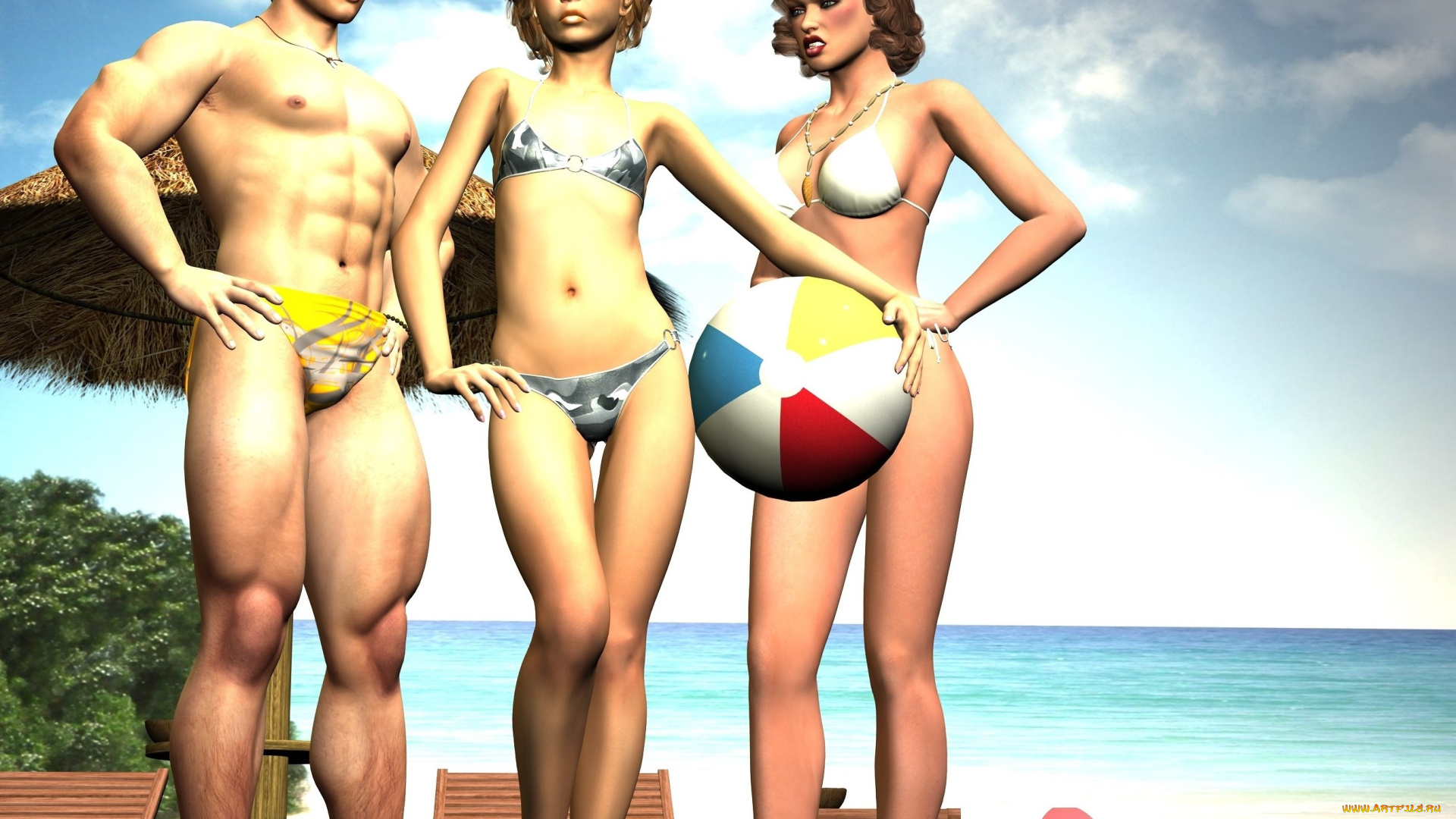 3д, графика, люди, , people, девушки, фон, взгляд, мяч, парень