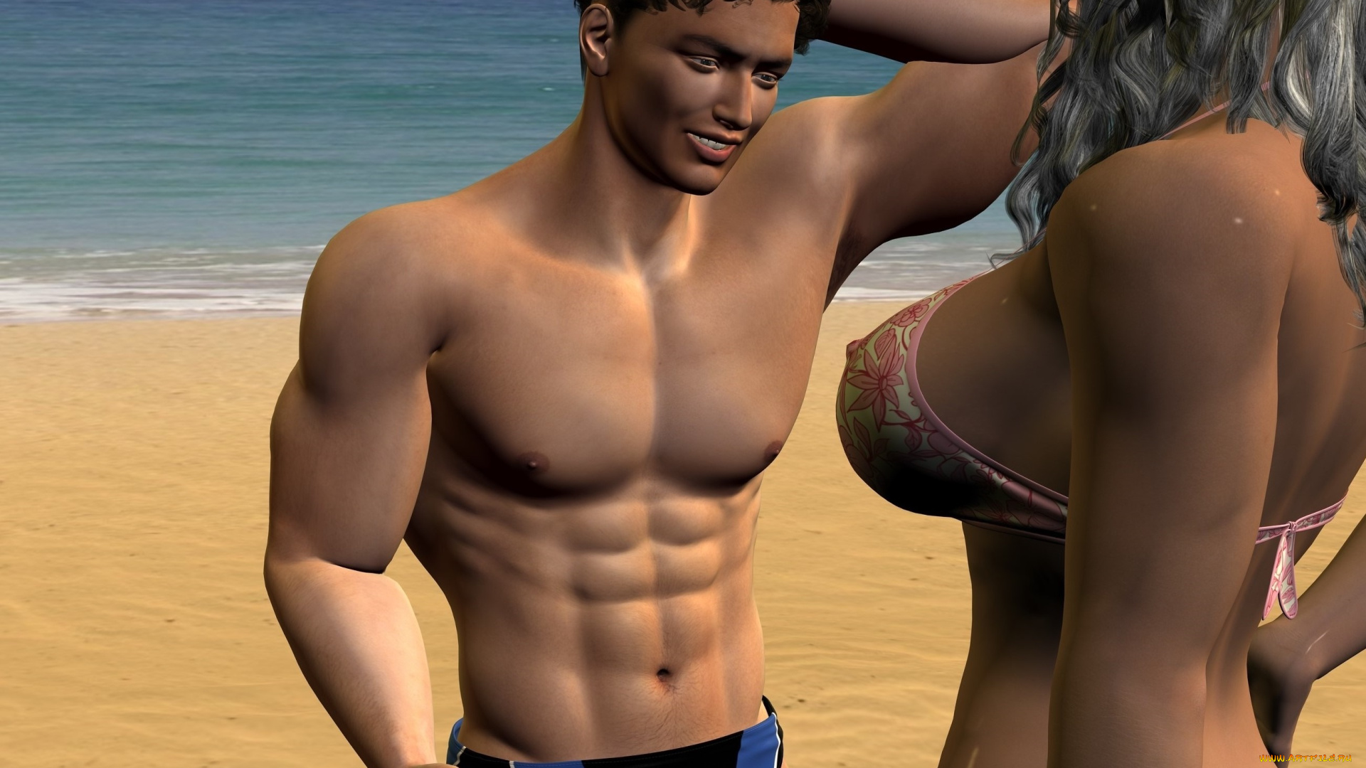 3д, графика, люди, , people, пляж, парень, фон, взгляд, девушка