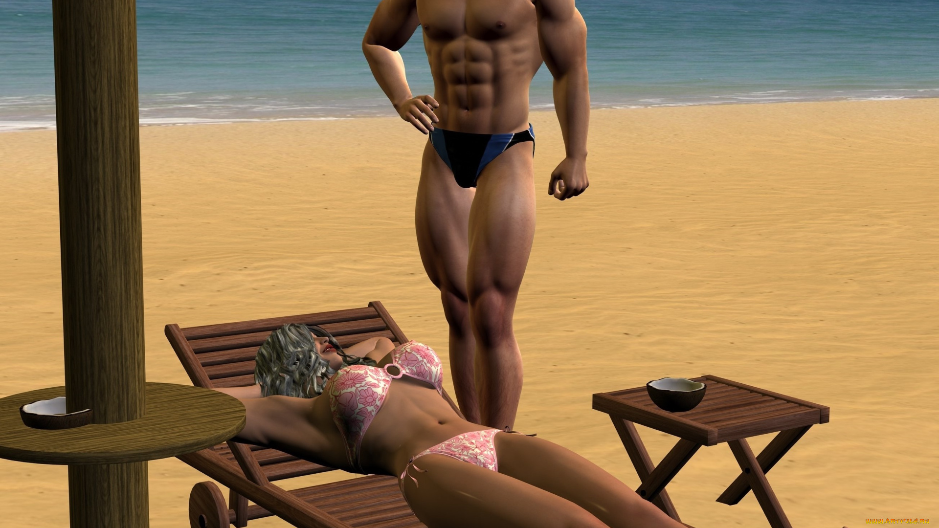 3д, графика, люди, , people, шезлонг, пляж, парень, фон, взгляд, девушка