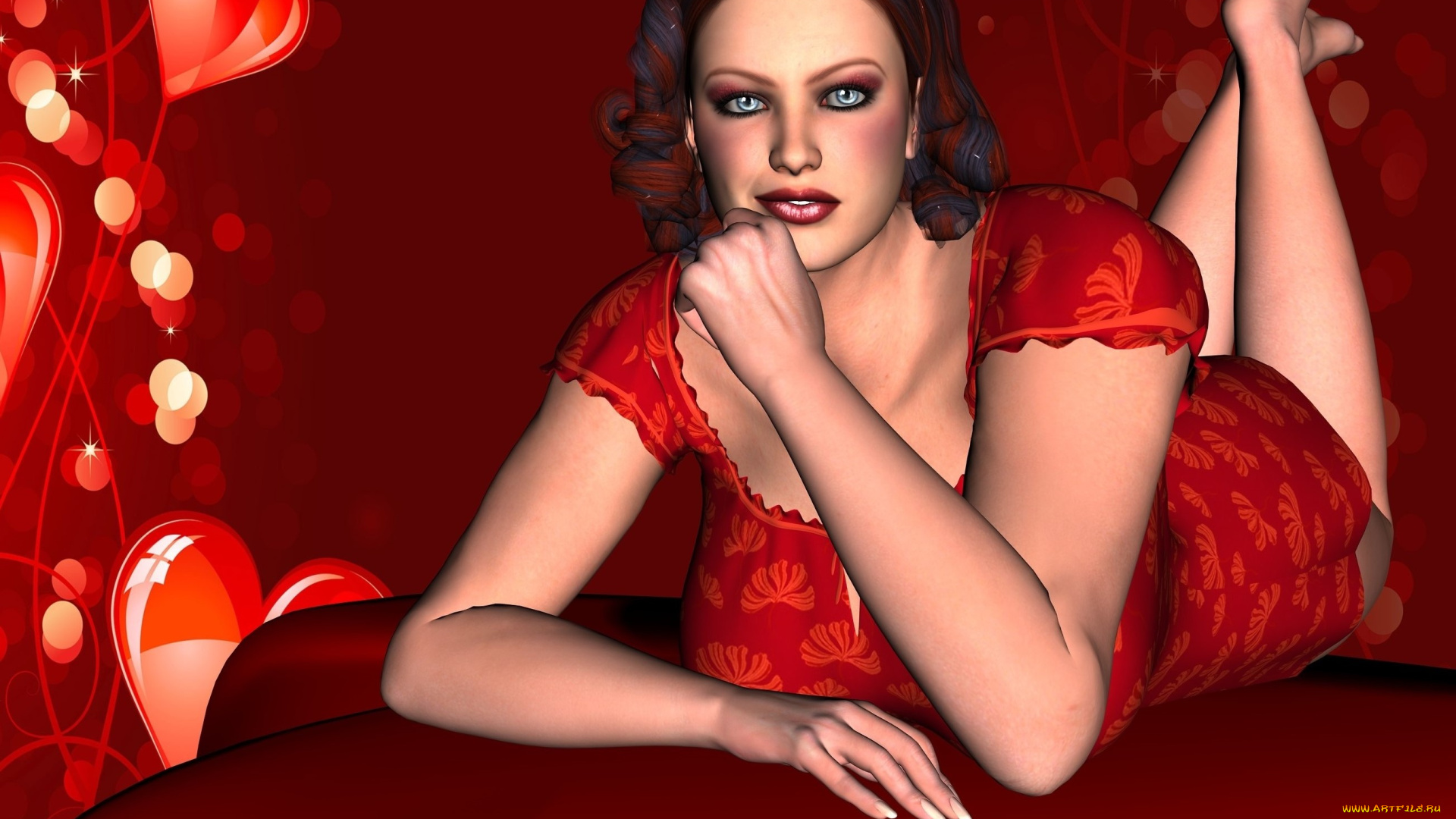 3д, графика, праздники, , holidays, фон, взгляд, девушка, сердечки