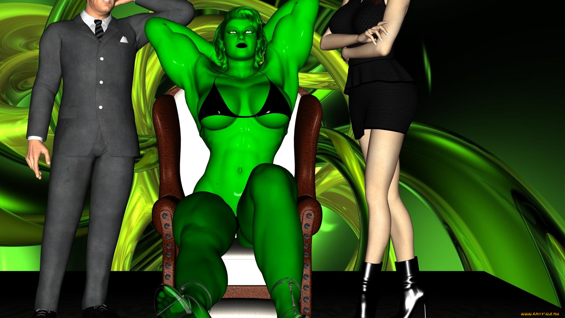 3д, графика, существа, , creatures, халк, мужчина, фон, взгляд, девушка