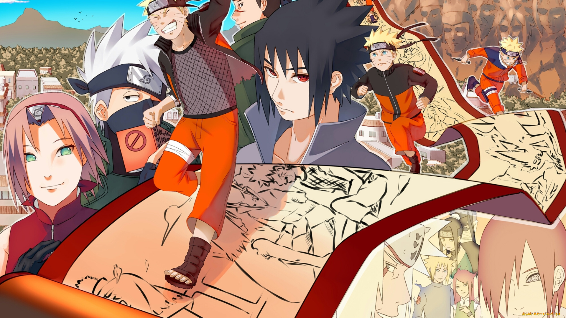 аниме, naruto, art, by, noha, sakura, haruno, kakashi, hatake, uzumaki, sasuke, uchiha, umino, iruka, jiraya, minato, kushina, nagato, haku, zabuza