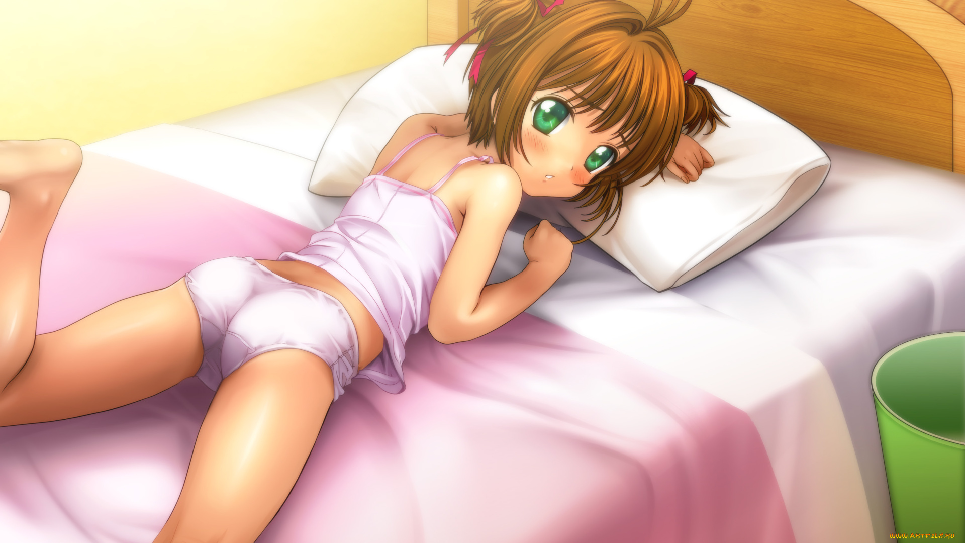 аниме, unknown, , другое, кровать, фон, взгляд, девушка