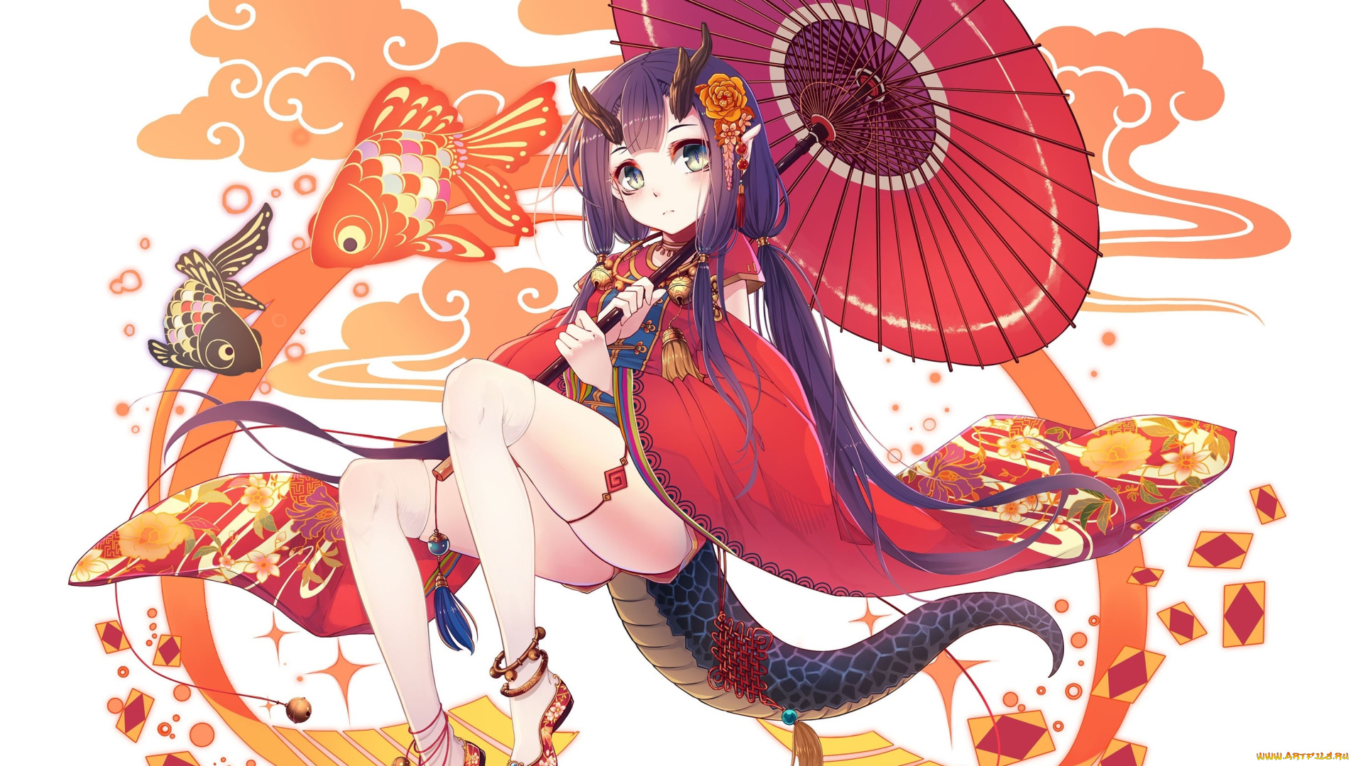 аниме, животные, , существа, зонтик, фон, взгляд, девушка