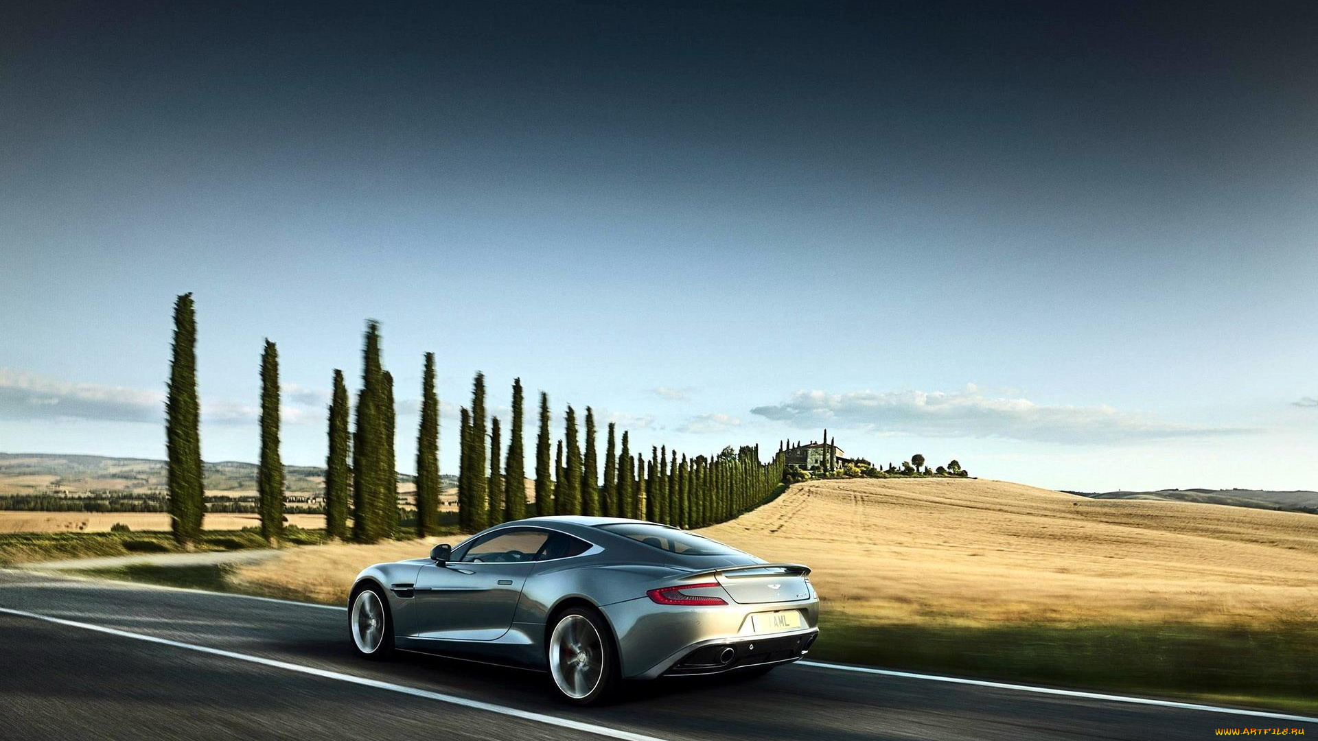 автомобили, aston, martin, поля, астон, мартин, деревья, трасса, шоссе, дорога, серебристый, скорость
