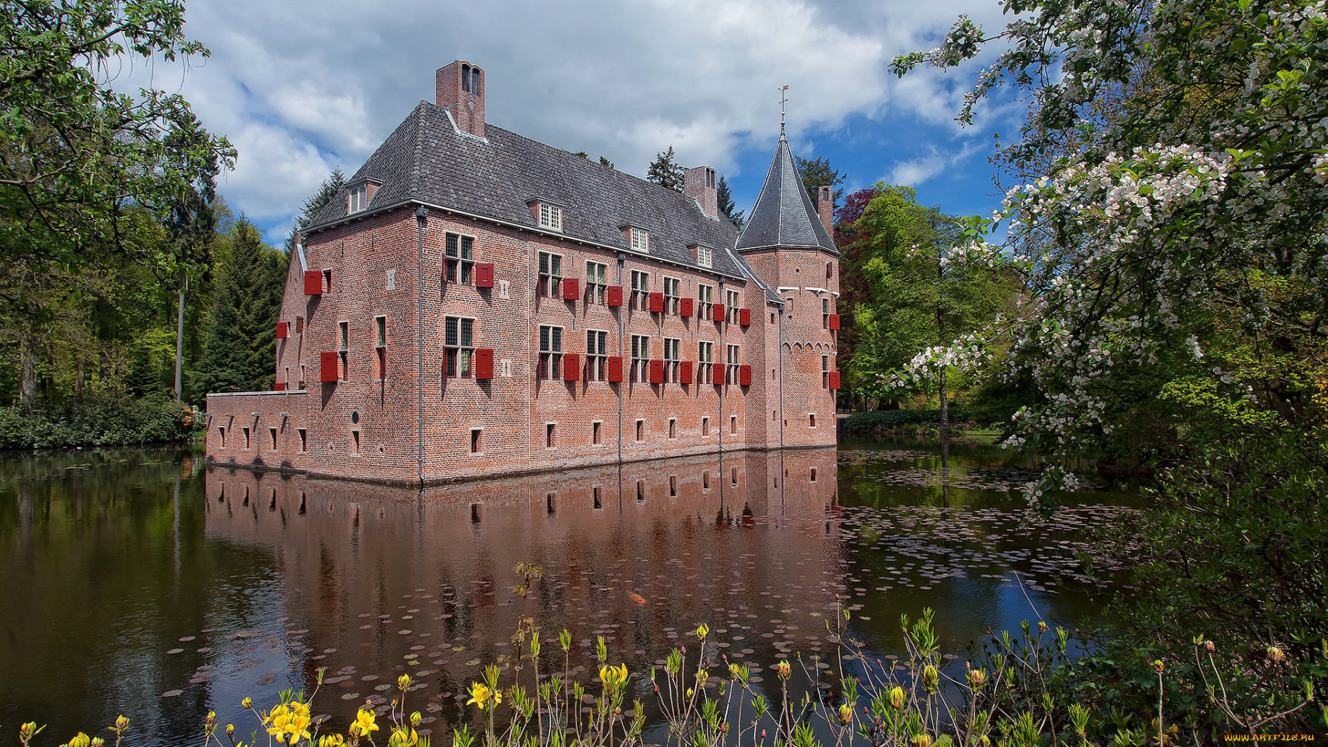 oude, loo, castle, города, замки, нидерландов, замок, пруд, парк