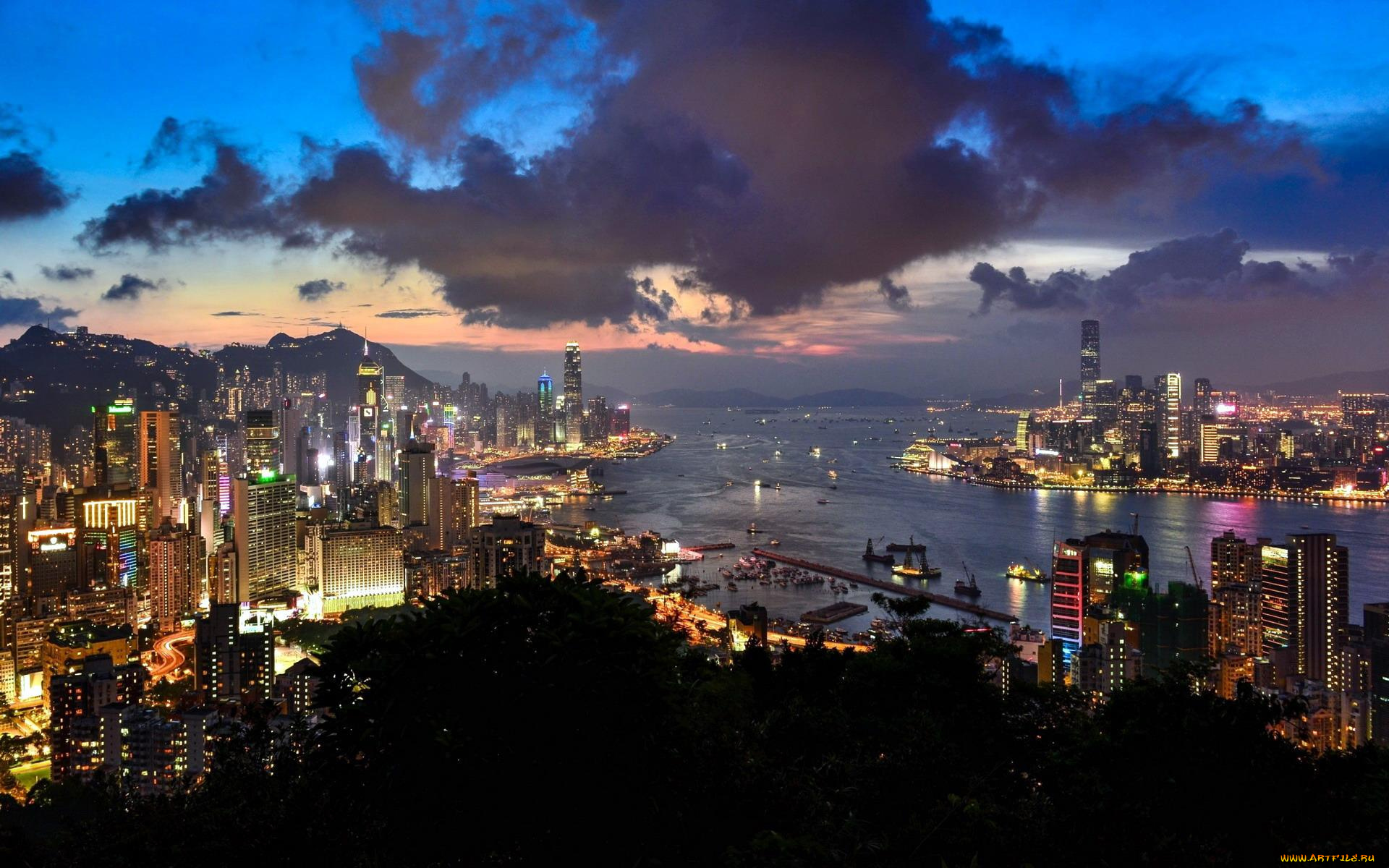 города, гонконг, , китай, побережье, море, здания, огни, дома, панорама, город, тучи, закат