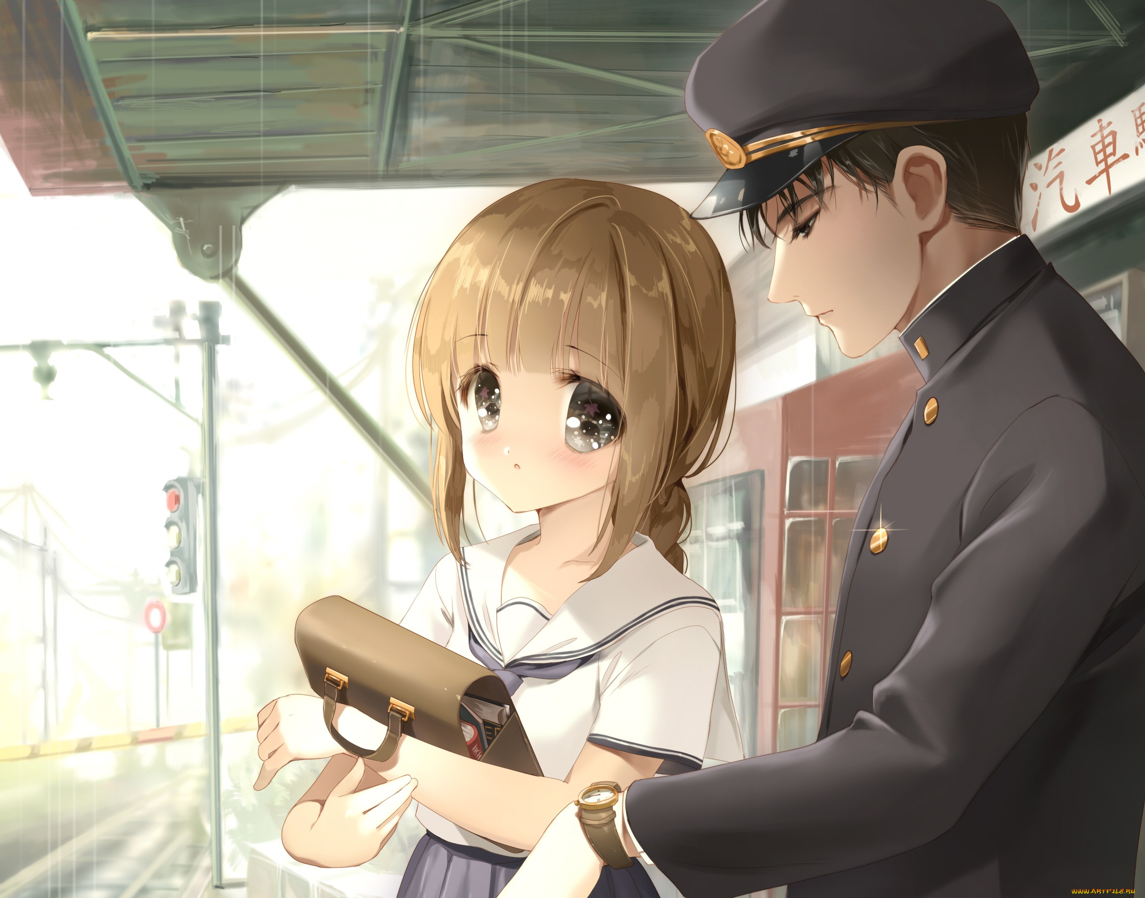 автор, , siloteddy, аниме, город, , улицы, , здания, часы, парень, девушка, арт